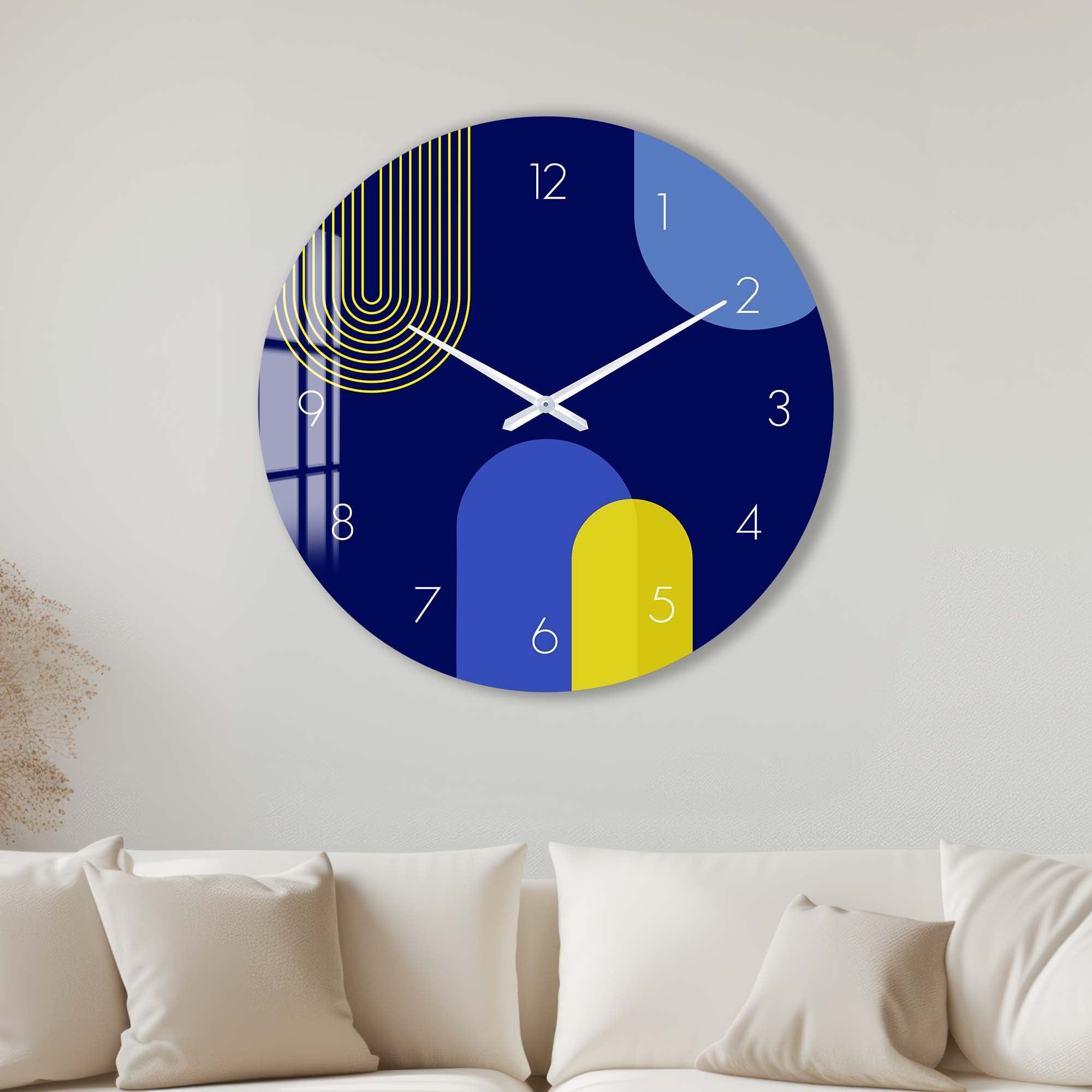 Stylish Puffy Blue & Yellow Glass Wall Clock - Modern Home & Office Decor for Living Room, Bedroom, Kitchen