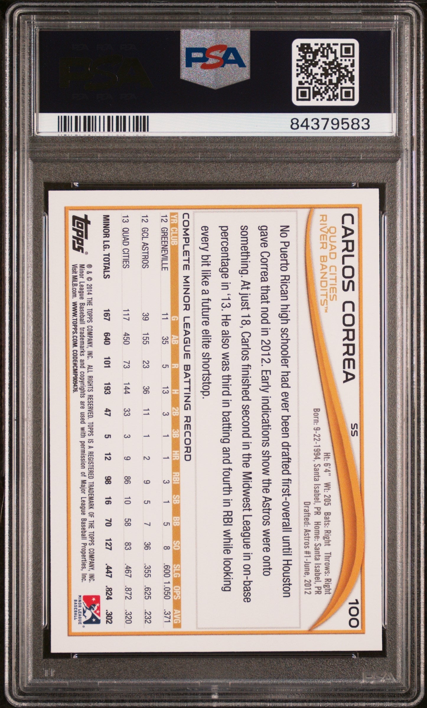 2014 Topps Pro Debut Carlos Correa Rookie Card #100 PSA 10 Gem Mint - Perfect for Baseball Collectors & Houston Astros Fans - Display in Home, Office, or Sports Memorabilia Collection