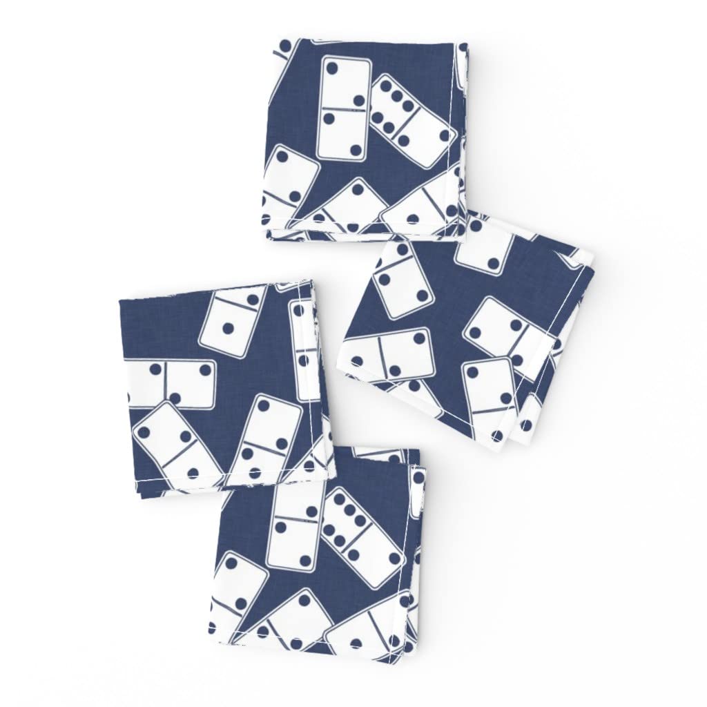 Blue Navy Geometric Print Linen Cotton Cocktail Napkins Set of 4 - Abstract Whimsical Design for Parties, Weddings & Home Decor - Reusable Cloth Drink Coasters for Entertaining