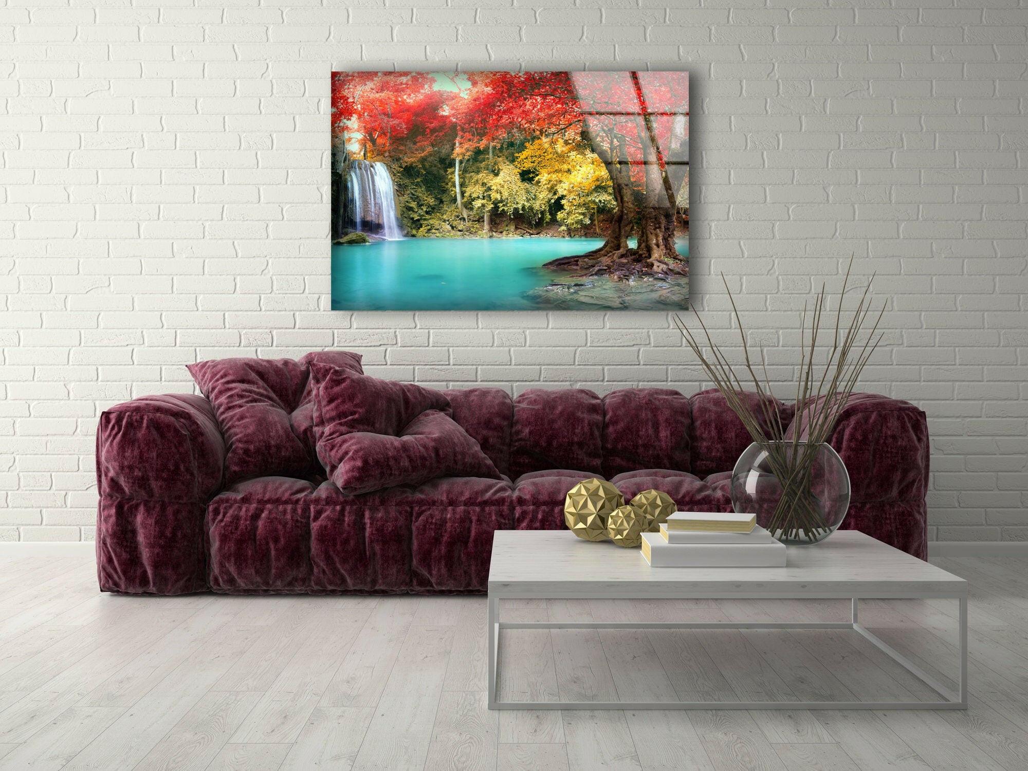 Autumn Forest Waterfall Glass Wall Art - Nature-Inspired Home Decor for Living Room, Bedroom & Office
