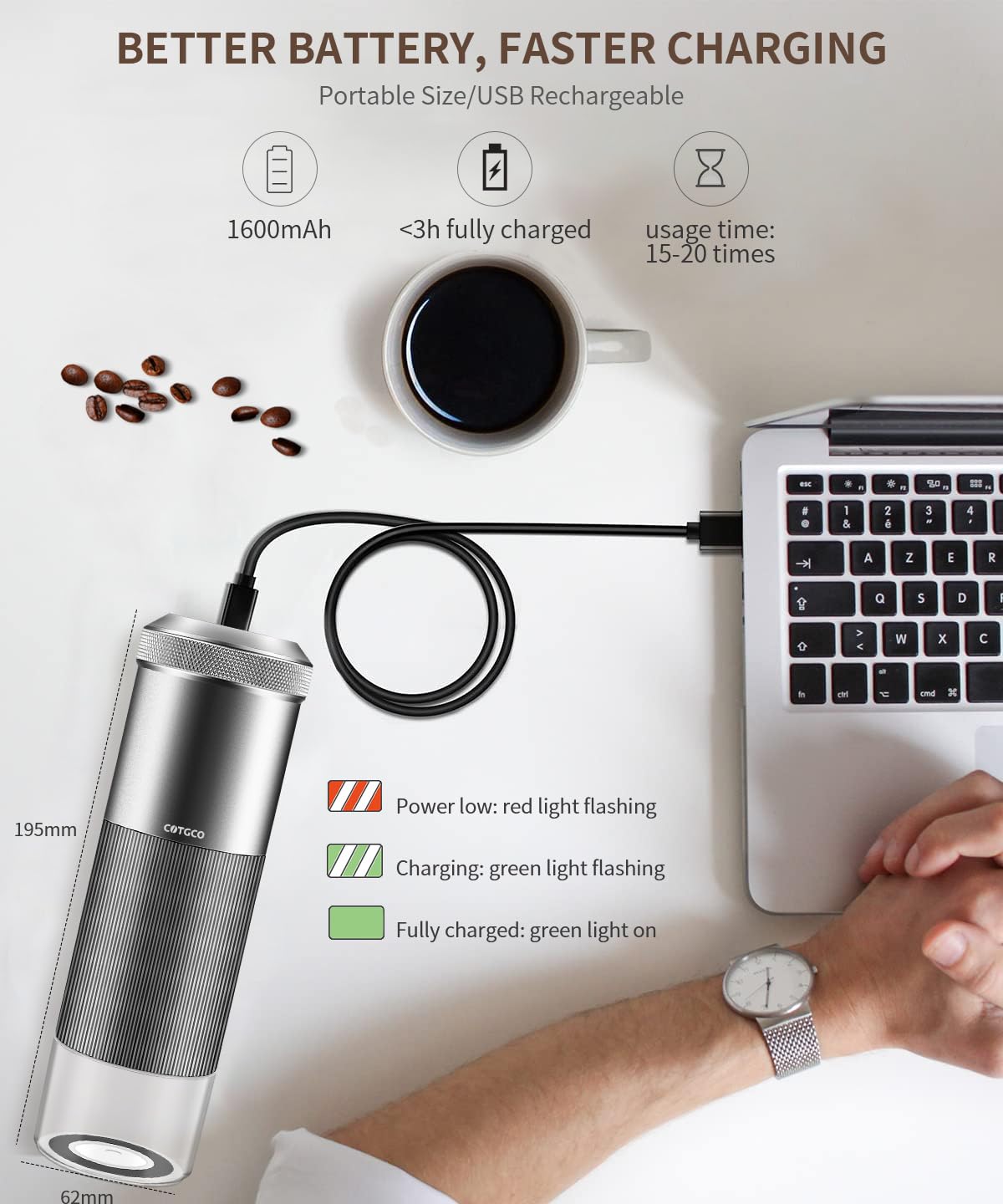 Premium Electric Coffee Grinder with Conical Burr - Portable & Rechargeable for Espresso, French Press, Drip Coffee - Adjustable Fine to Coarse Grind - Perfect for Home, Office & Travel (Silver)