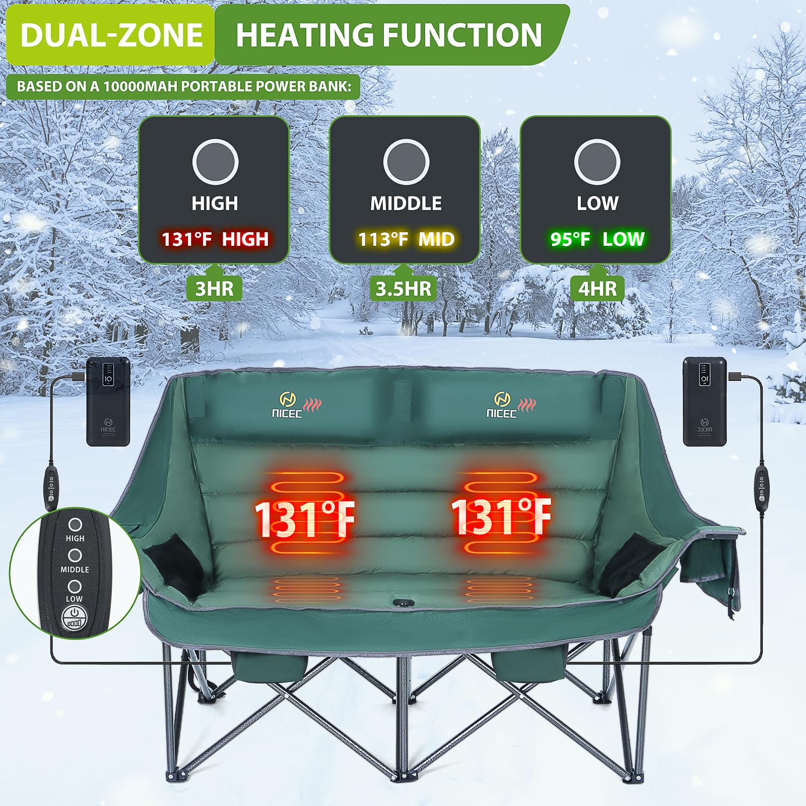 Premium Heated Camping Chair for Adults - Oversized Double Loveseat with Adjustable Heating & Extra Padding - Includes Insulated Cooler Bag - Perfect for Outdoor Camping, Backyard Relaxation & Winter Sports Events