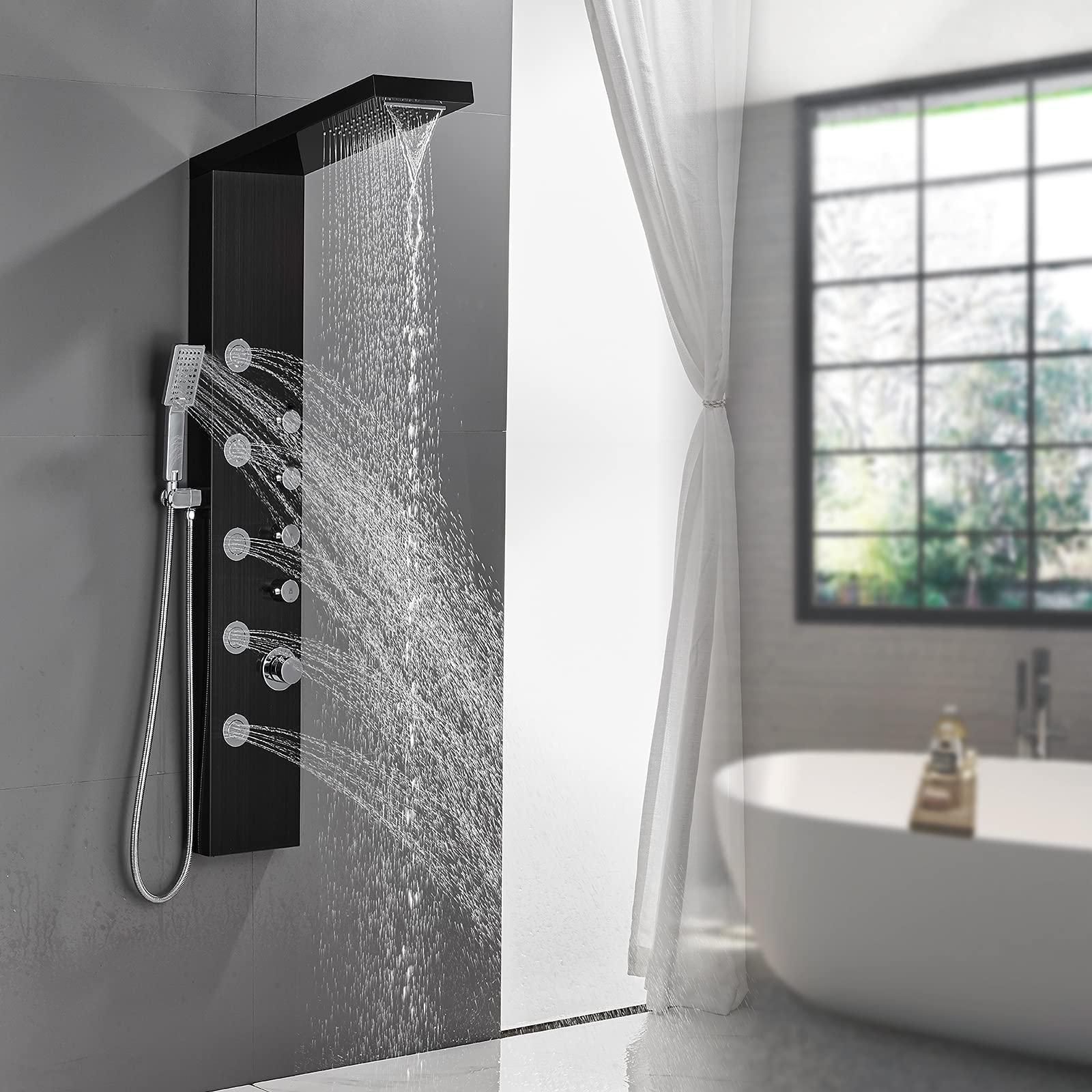 ROVATE Rainfall Waterfall Shower Tower Panel System - 304 Stainless Steel Bathroom Shower Column with 5 Rain Massage Jets & 3 Handheld Shower Heads, Wall Mounted Black for Luxurious Spa Experience at Home