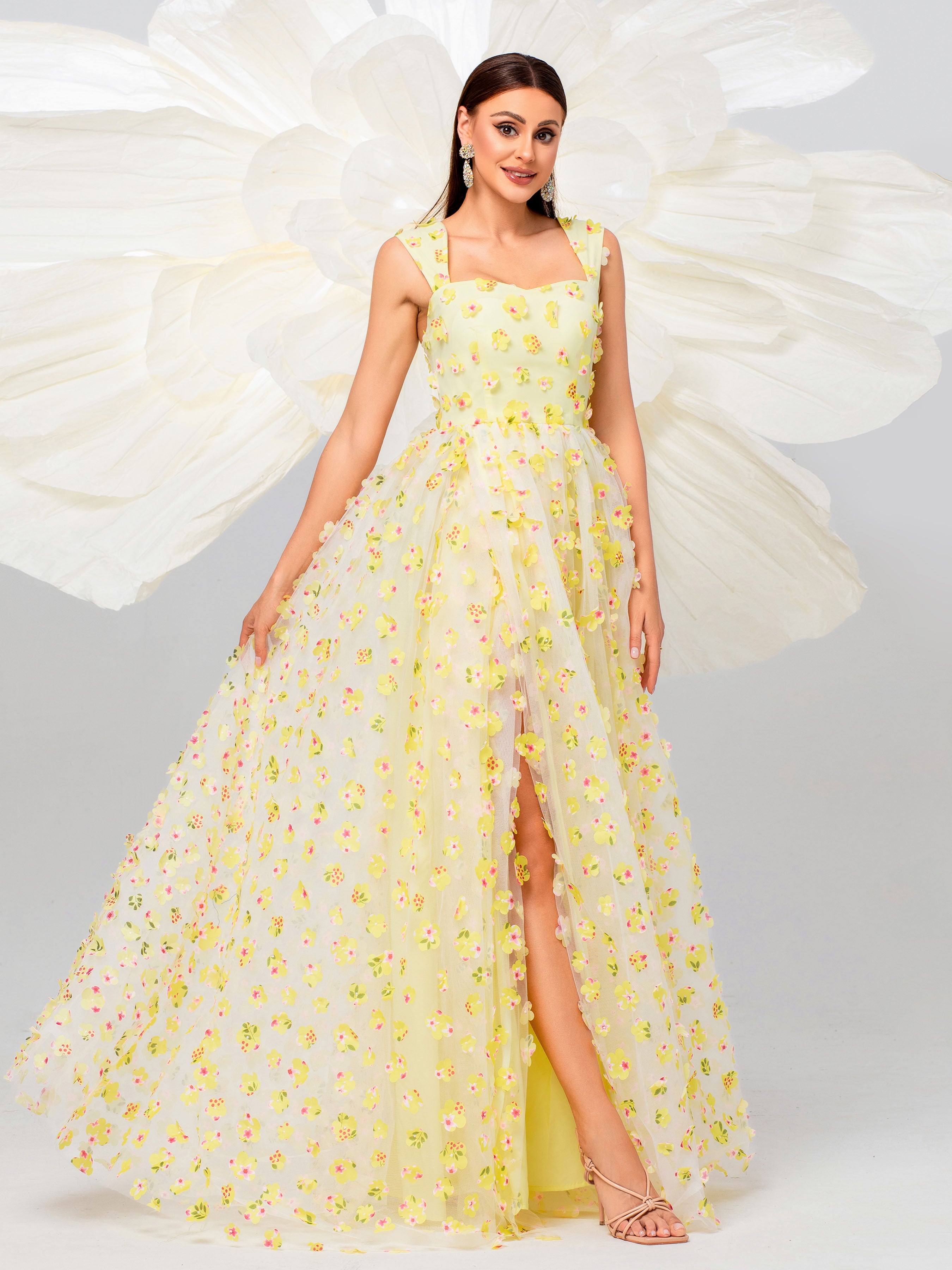 Elegant Appliqued Pink Camisole Floral Tulle Dress for Women - Perfect for Weddings, Parties & Special Occasions