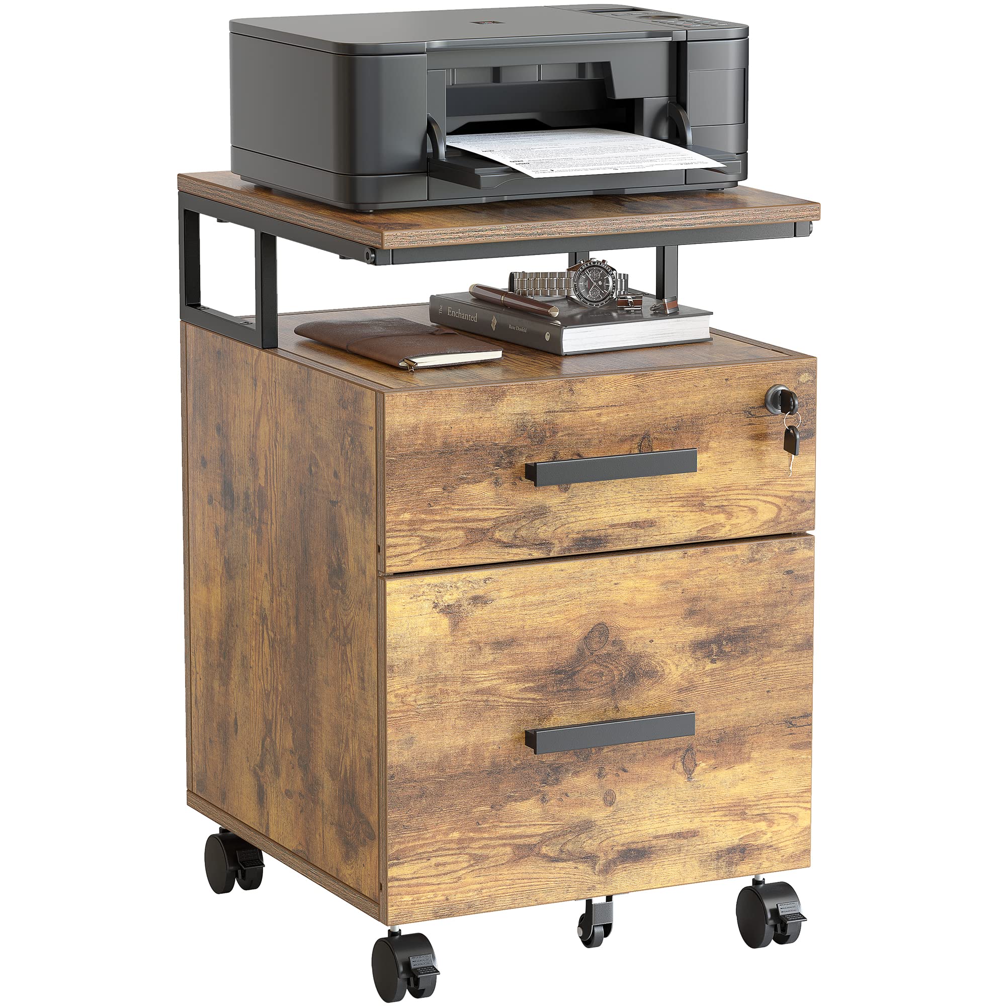 FEZIBO 2-Drawer Locking File Cabinet - Wooden Rolling Storage Cabinet for Home Office, Under Desk Organizer for A4 & Letter Size Documents, Printer Stand with Wheels, Rustic Brown - Perfect for Small Spaces & Workspace Organization
