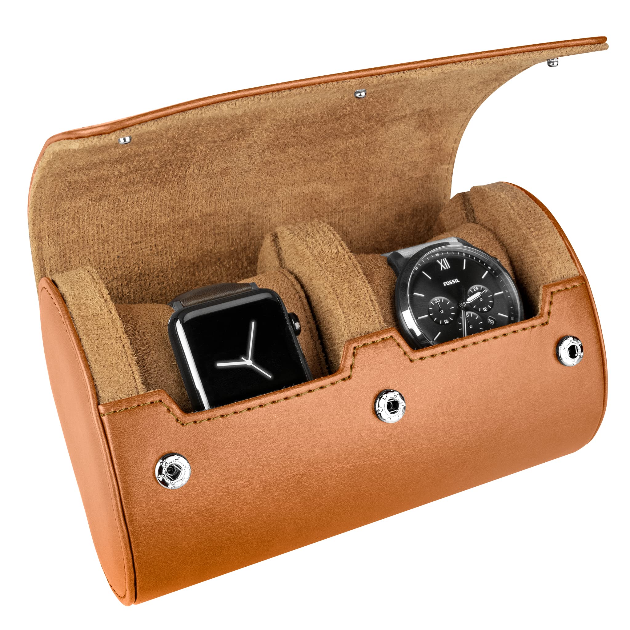 **BARTON WATCH BANDS - Brown Recycled Leather Watch Travel Case & Band Storage Organizer - Holds 2 Watches | Perfect for Travel, Business Trips & Watch Collection Display**
