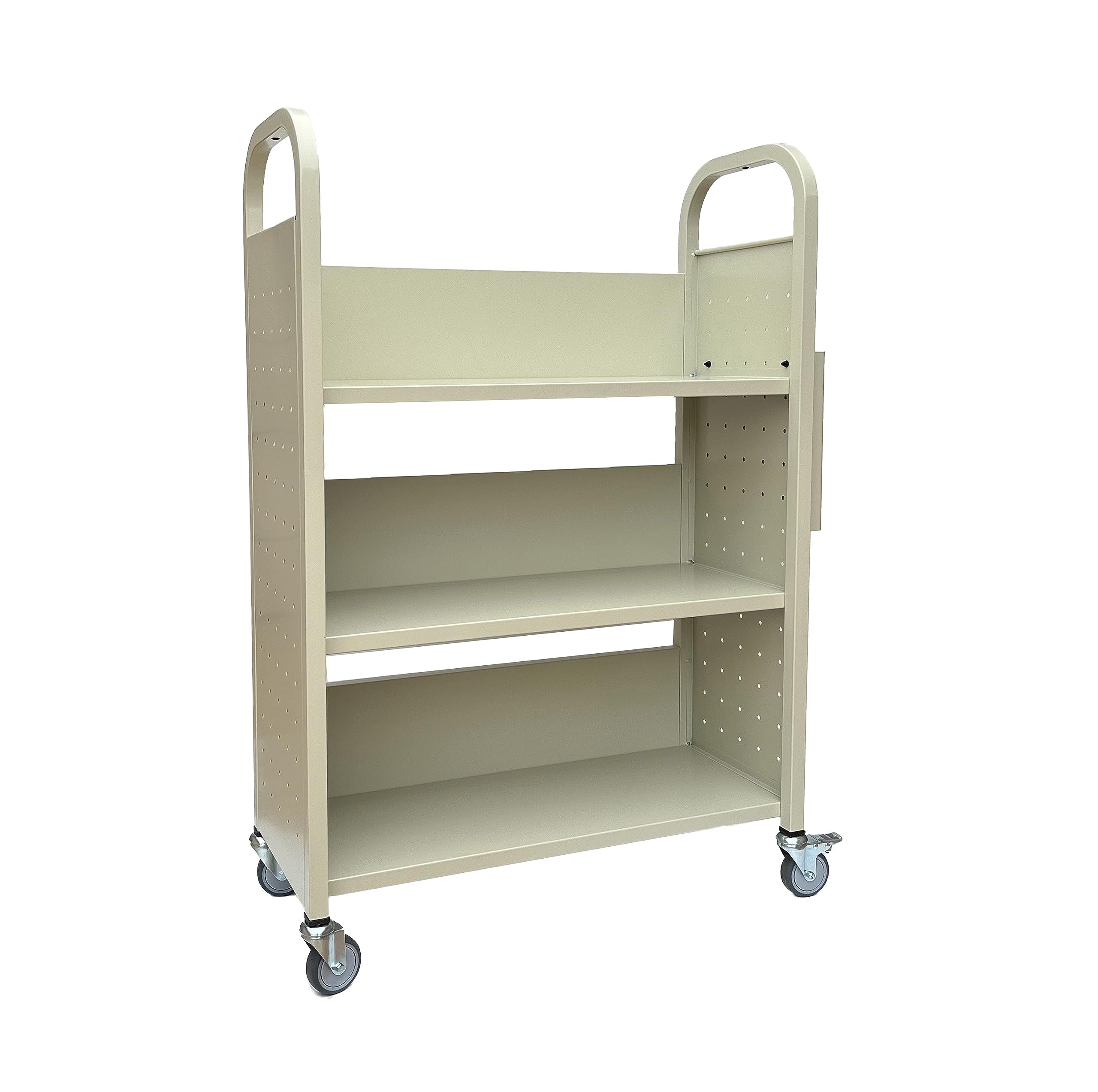 Workington Rolling Book Truck with 3 Flat Shelves - Mobile Library Book Cart with Swivel Locking Casters 3001 Putty - Perfect for Libraries, Schools & Office Organization