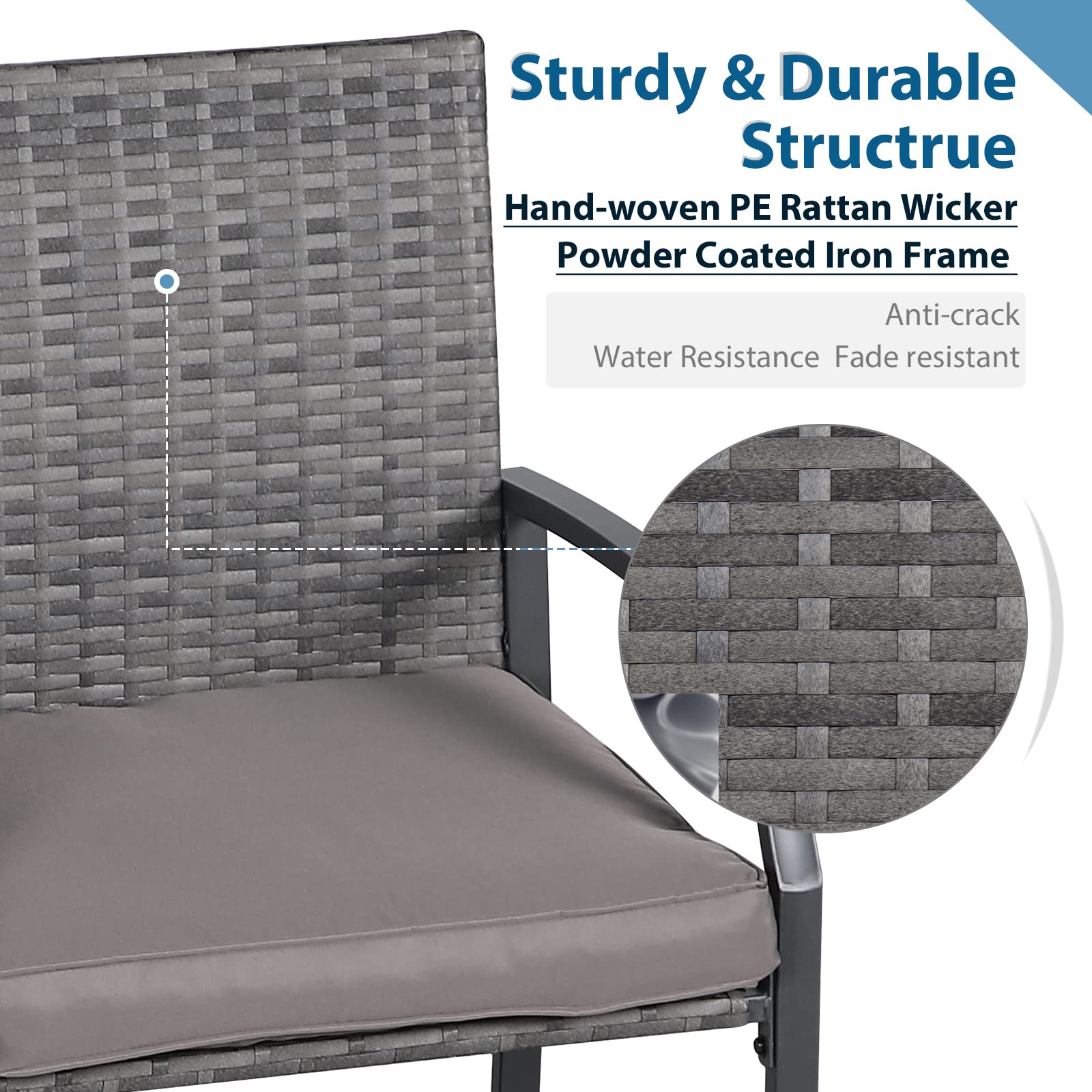 JOIVI 3-Piece Outdoor Patio Bar Set - Counter Height Wicker Bar Stools with Wood Top Table & Cushions - Perfect for Backyard, Balcony, Deck or Poolside Dining for 2 People - Ideal for Entertaining, Relaxing & Outdoor Gatherings