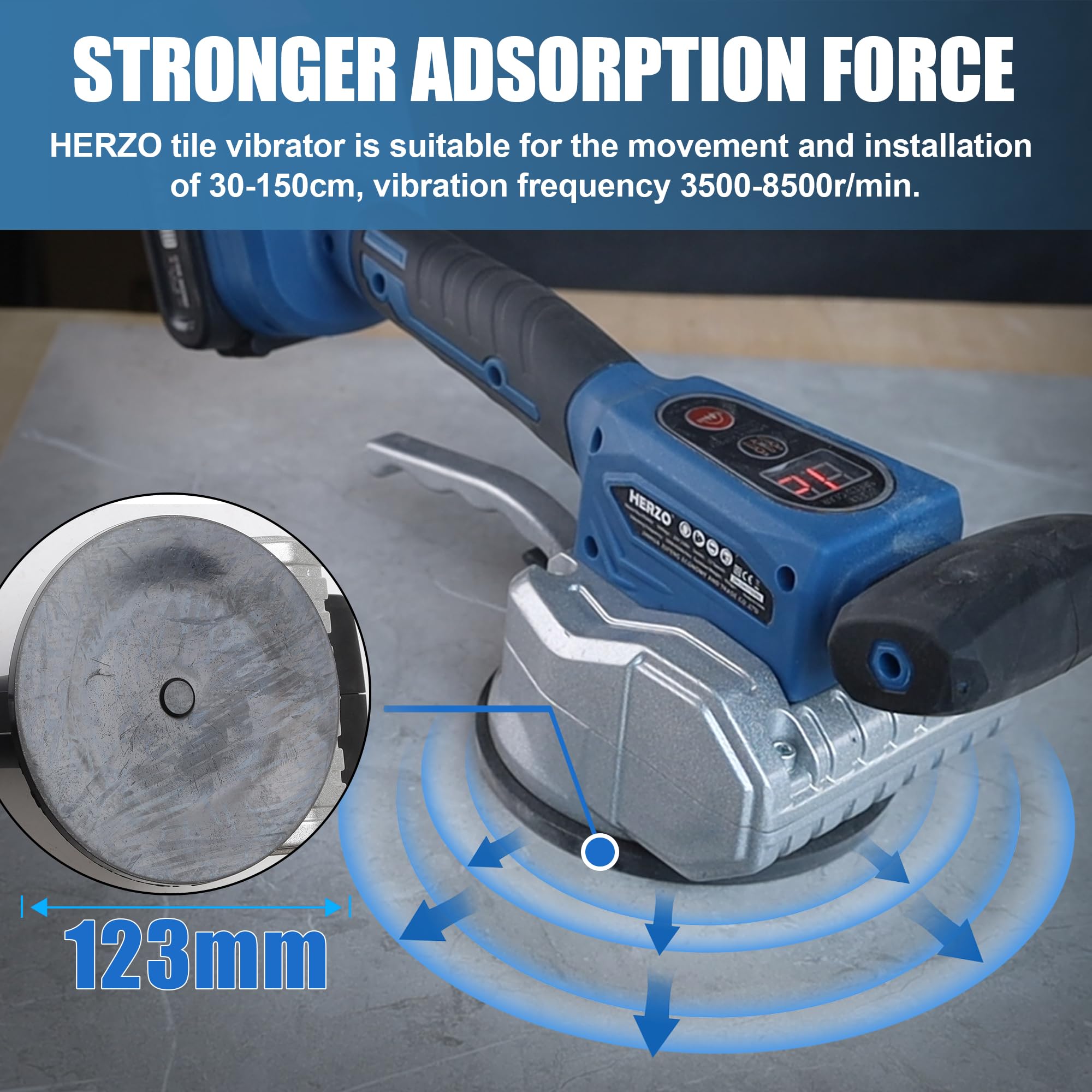 HERZO 20V Tile Vibration Leveling Machine - 12-Speed Adjustable Tiler Vibrator with Digital Display, Suction Cup & Lock Design - Perfect for Floor, Wall & Tile Installation (Includes 2 Batteries) - Ideal for DIY Home Renovation & Professional Construction Projects