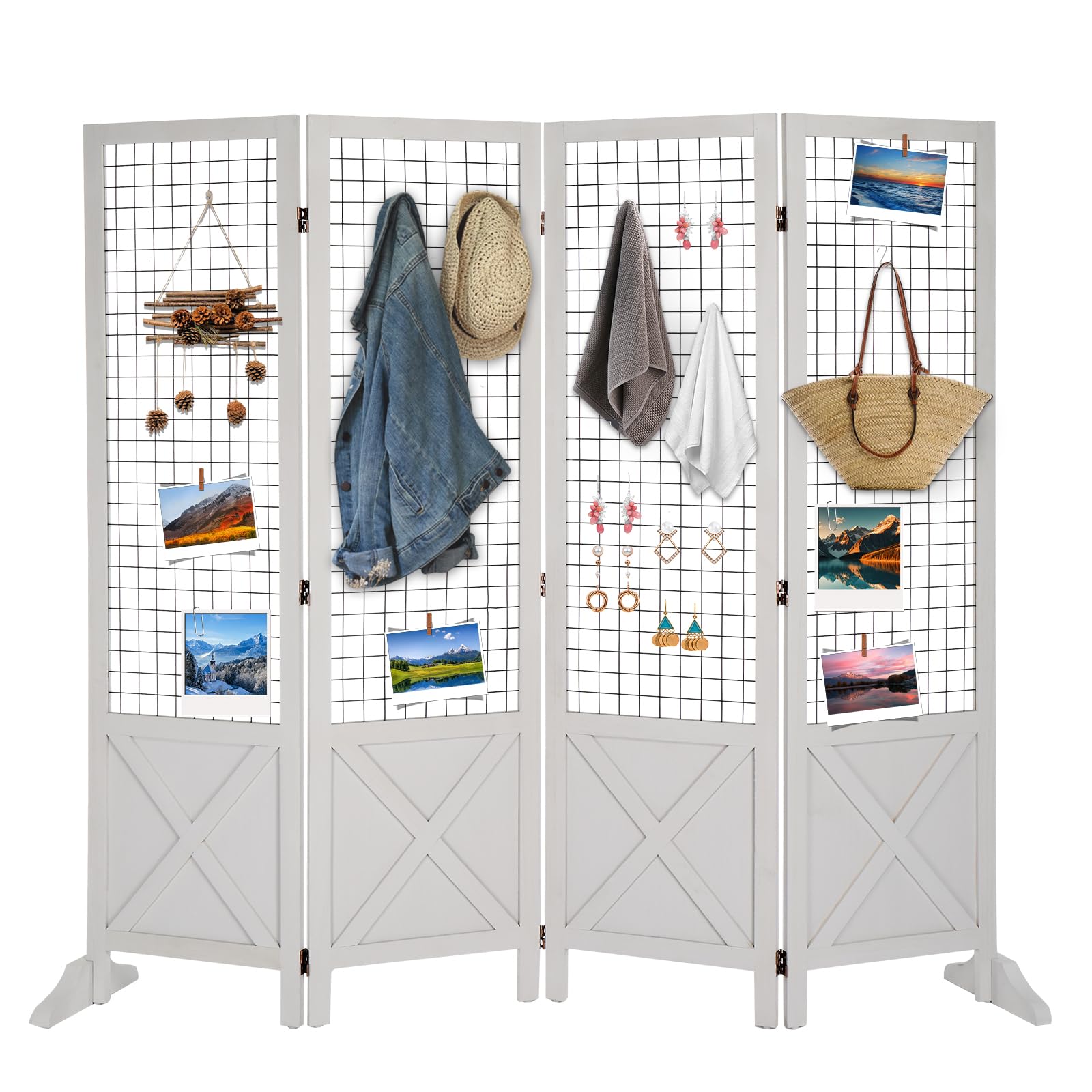 VINGLI 4 Panel Freestanding Room Divider - 5'×5' White Gridwall Display Board with Wooden Frame & Base Feet - Perfect for Craft Shows, Retail Stores, Events, and Home Office Organization