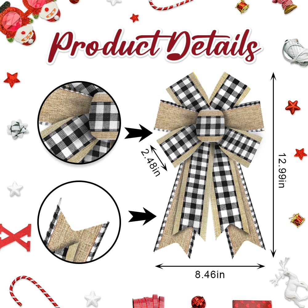 2pcs Christmas Wreath Bows - Buffalo Plaid Burlap Bows for Holiday Decor