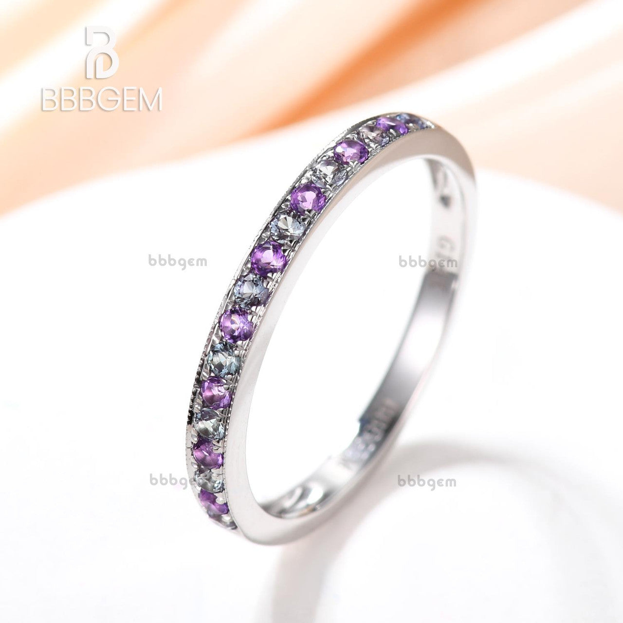 Milgrain Channel Set Half Eternity Band - Aquamarine & Amethyst Birthstone Ring for Women | Wedding, Anniversary, Birthday Gift Jewelry