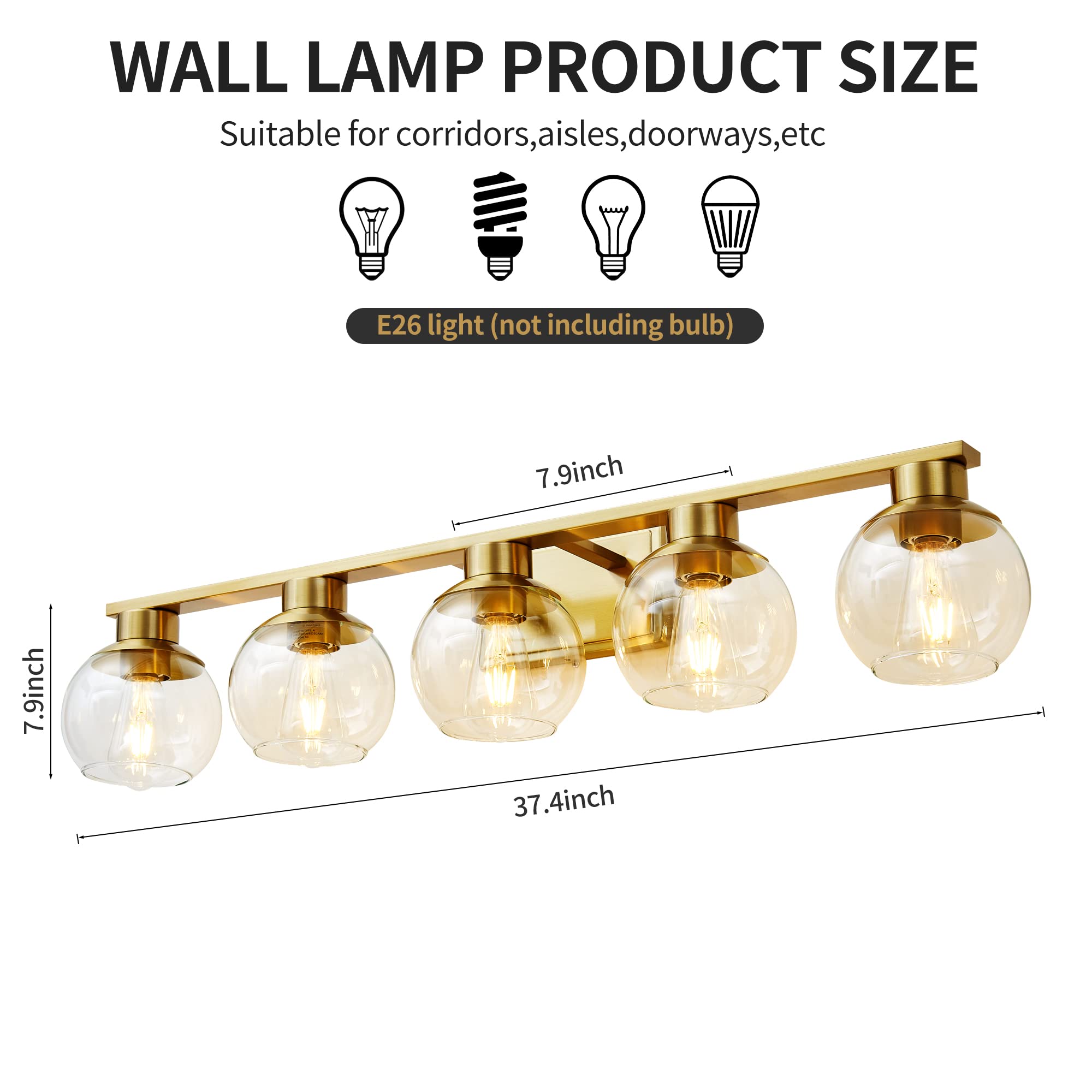 PAZALA Brushed Brass 5-Light Bathroom Vanity Light Fixture - Wall Sconce with Globe Glass Shade & E26 Base - Perfect for Bathroom Mirror, Bedroom, Living Room, Hallway & Picture Wall Lighting (Ideal for Modern Home Decor & Vanity Makeup Area)