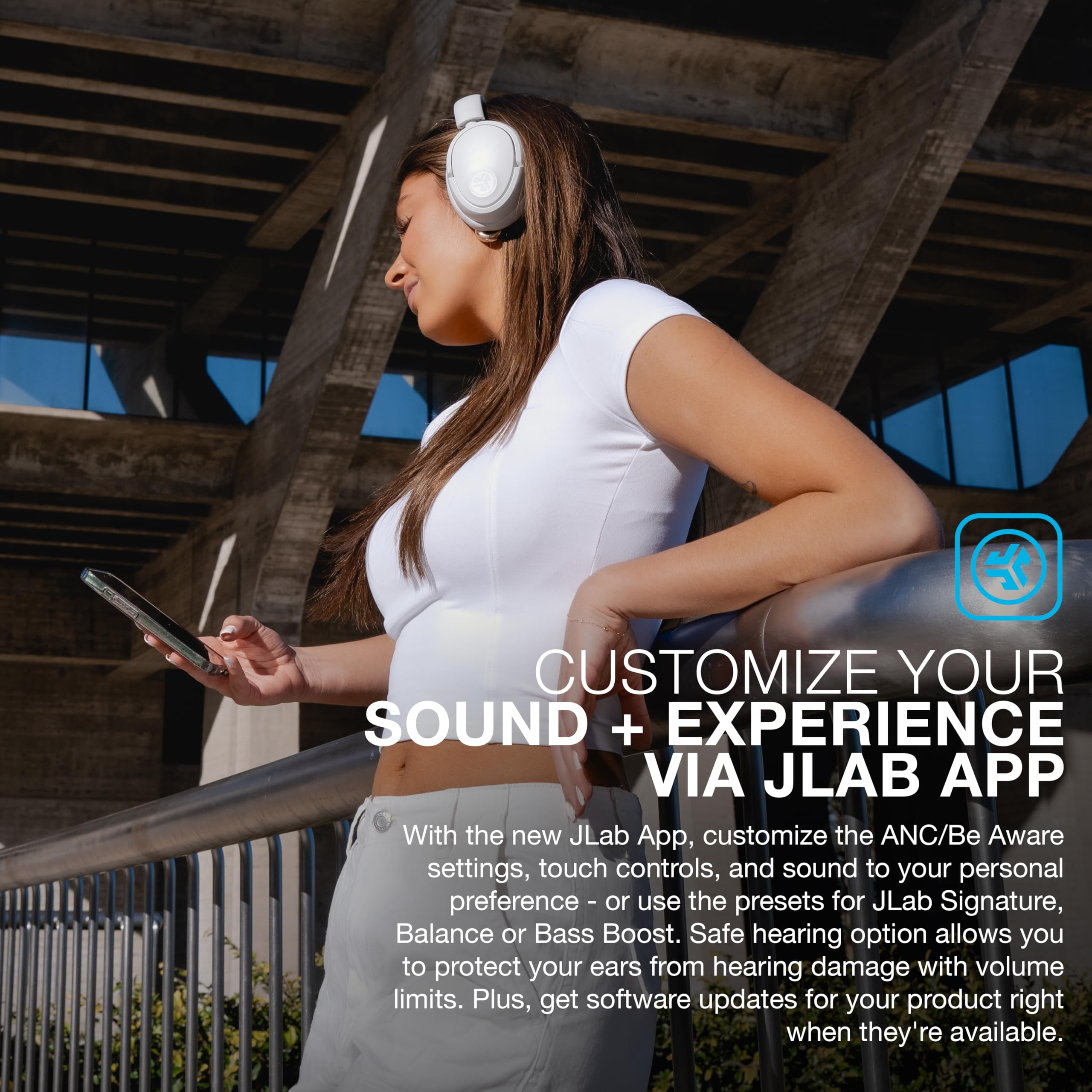JLab JBuds Lux ANC Wireless Headphones - Hybrid Active Noise Cancelling, Customizable EQ, Spatial Audio, 40H Playtime - Premium Over-Ear Bluetooth Headset for Travel, Work & Gaming (Cloud White)