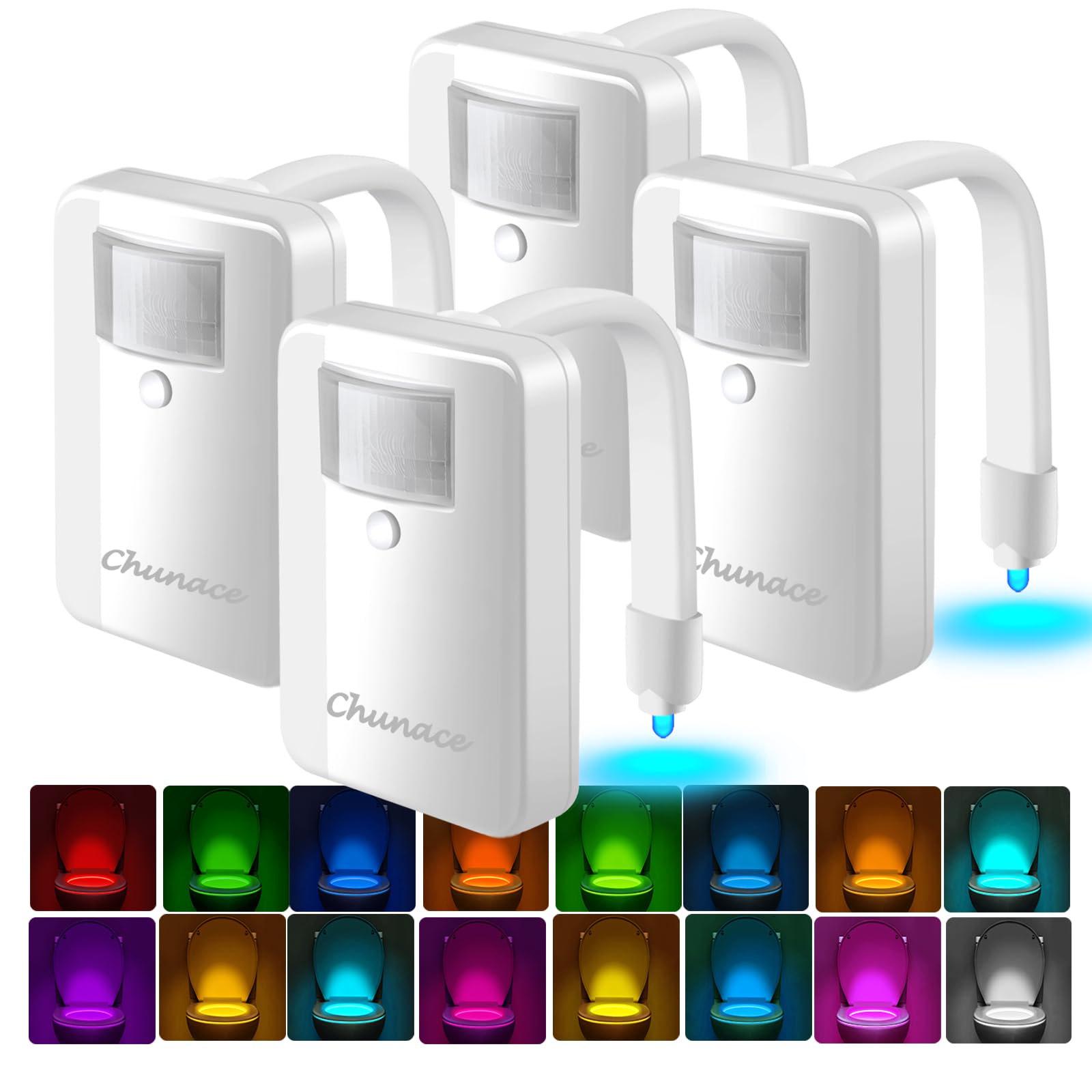 Chunace 4 Pack Motion Sensor Toilet Night Light with 16 Color LED - Waterproof Bathroom Nightlight for Bowl & Decor - Cool Gadget Gift for Men, Women & Kids - Perfect for Nighttime Bathroom Safety & Decor