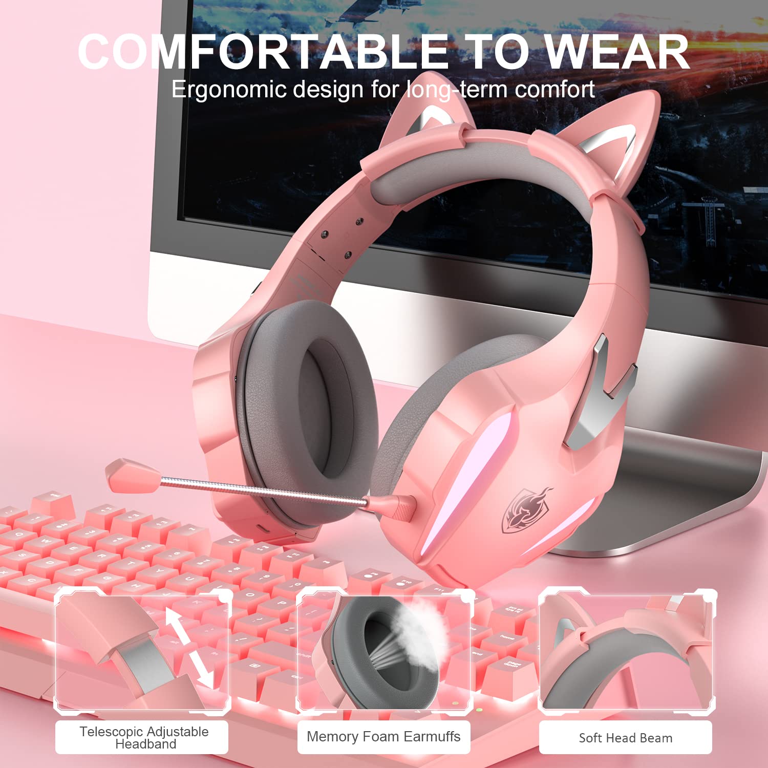 PHOINIKAS Wireless Gaming Headset for PS4, PS5, PC, Nintendo Switch & Xbox Series - 2.4GHz Wireless Headphones with Detachable Noise Canceling Mic, 7.1 Surround Sound, 3.5mm Wired Mode (Pink & Grey) - Perfect for Competitive Gaming, Streaming & Late-Night Sessions