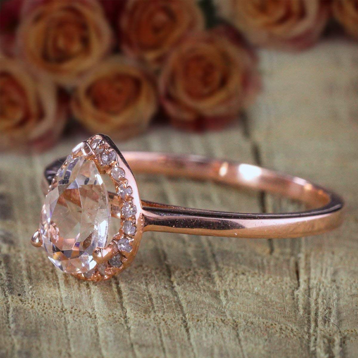 1.25 Carat Pear Cut Solitaire Morganite & Diamond Halo Engagement Ring in 18k Gold Plating - Elegant Proposal & Wedding Jewelry for Her
