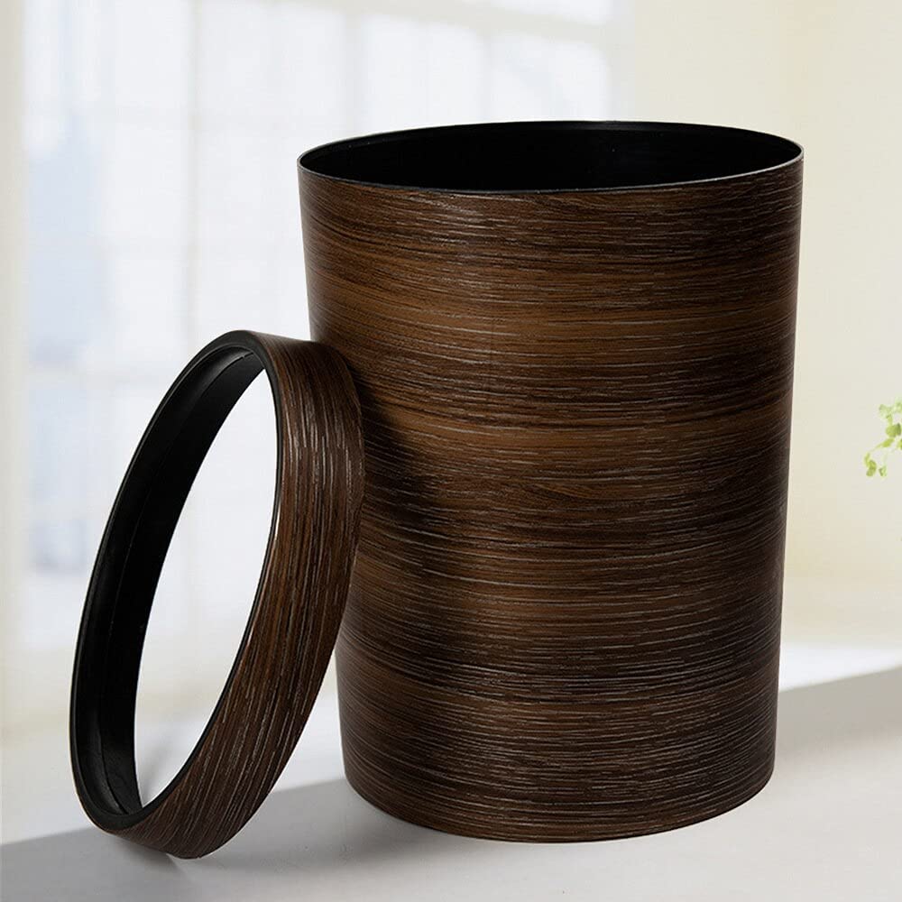 Retro Wood Pattern Hanging Trash Can - 10L Kitchen Waste Bin with Lid, Household Garbage Recycling Container for Bathroom, Office & Outdoor Use (Brown Wood Grain Design)