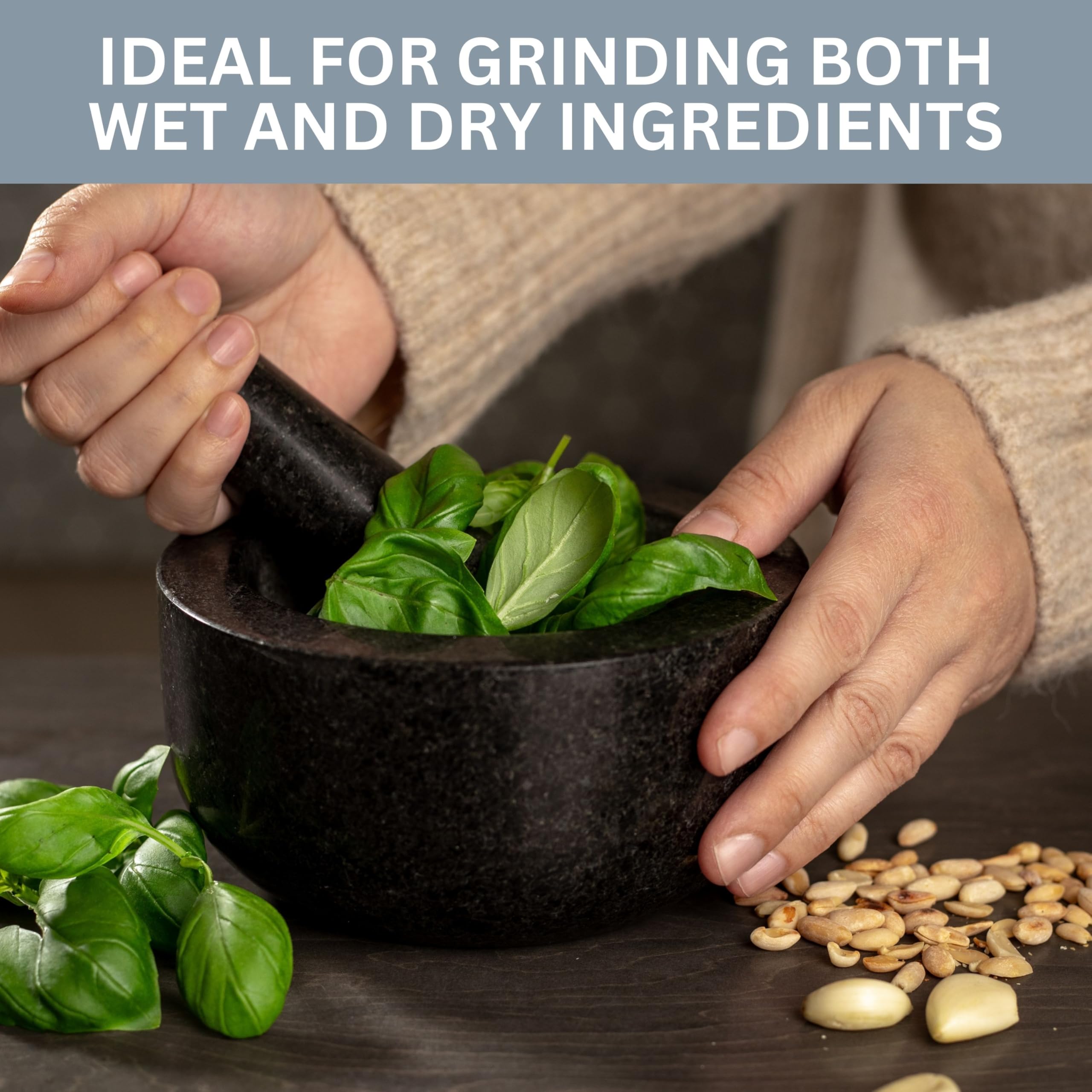 Premium Homiu Granite Mortar and Pestle Set - 6.1 Inch Natural Stone Spice Grinder for Herbs, Garlic, Peppercorns & Paste - Durable Kitchen Tool for Crushing, Grinding & Mixing - Perfect for Cooking, Baking & Herbal Remedies
