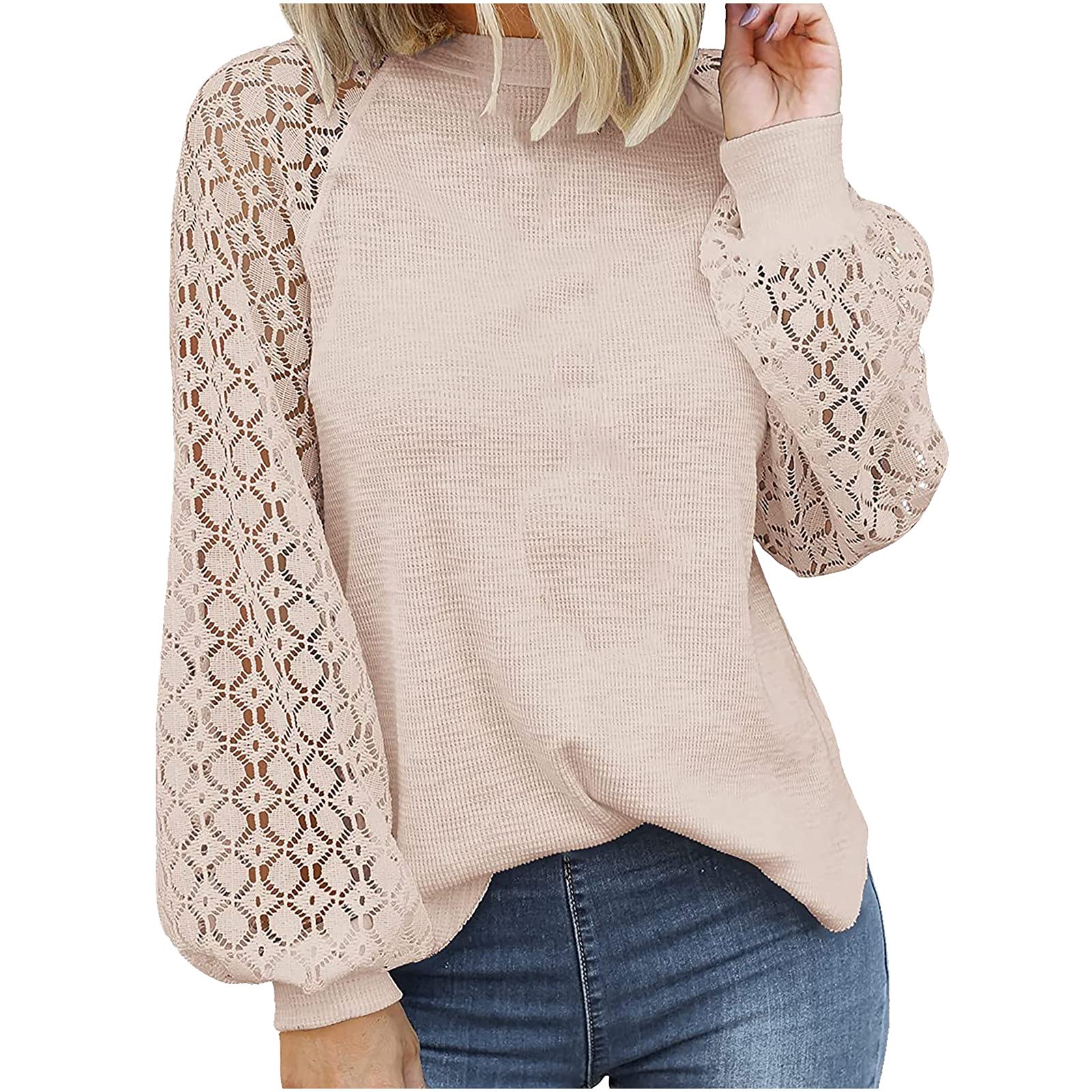 Women's Fall Sweaters - Casual Lace Long Sleeve Blouse, Solid Color Waffle Knit Pullover with Hollow Out Design | Perfect for Autumn Outfits, Office Wear & Date Nights