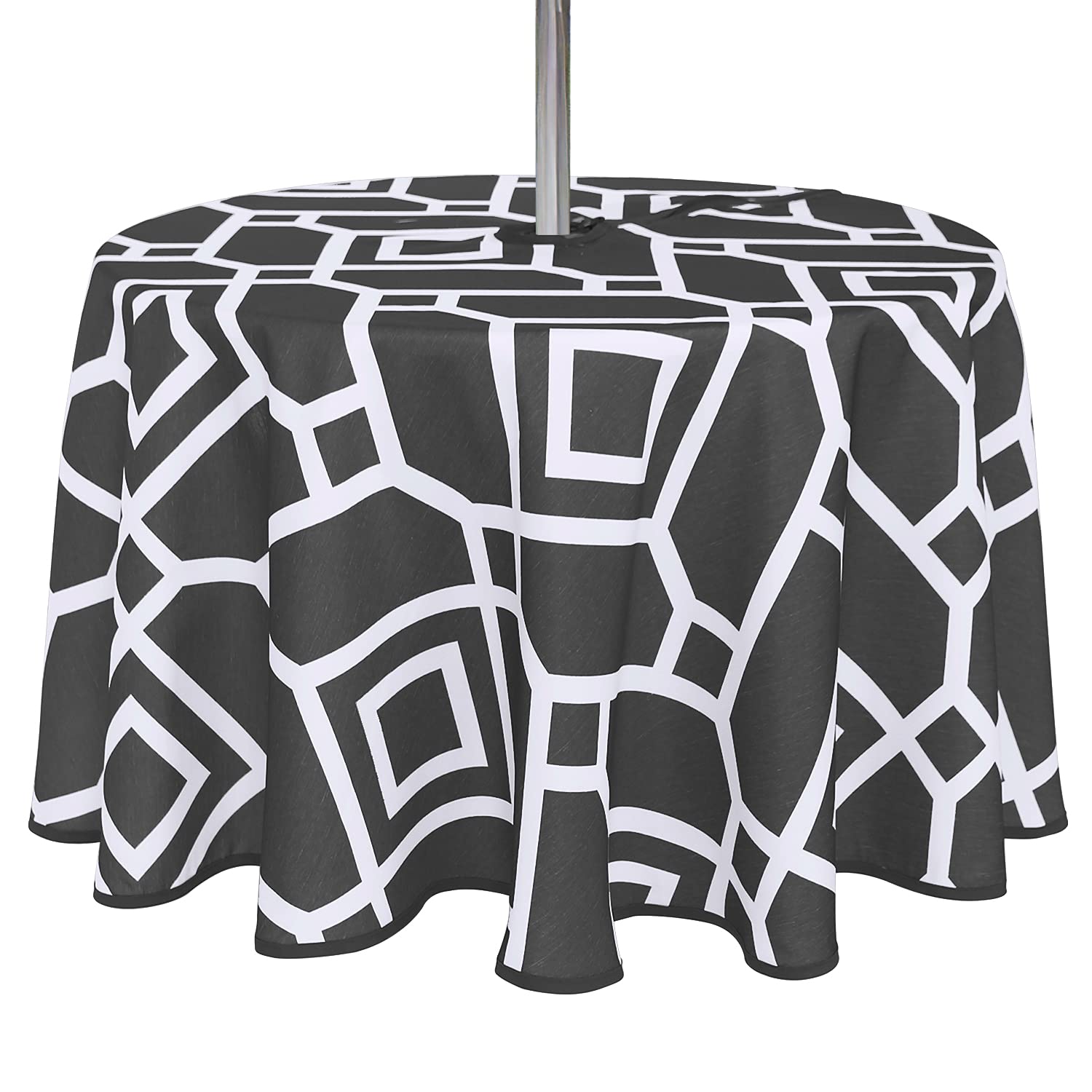 LUSHVIDA 60 Inch Round Waterproof Wrinkle-Free Tablecloth with Umbrella Hole & Zipper - Black Moroccan Outdoor Table Cover for Patio, Party, Picnic - Perfect for Outdoor Dining, Garden Decor, and Special Events