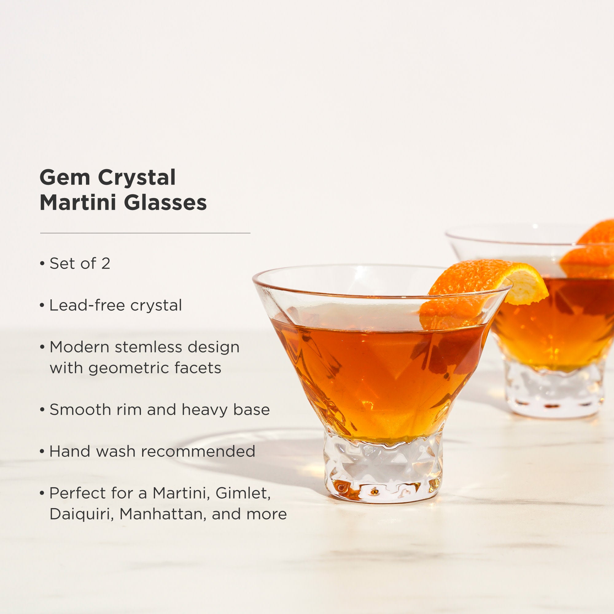 Premium Gem Crystal Martini Glasses Set of 2 - Elegant Stemware for Cocktails, Wine & Champagne - Perfect for Parties, Weddings & Home Bar Decor