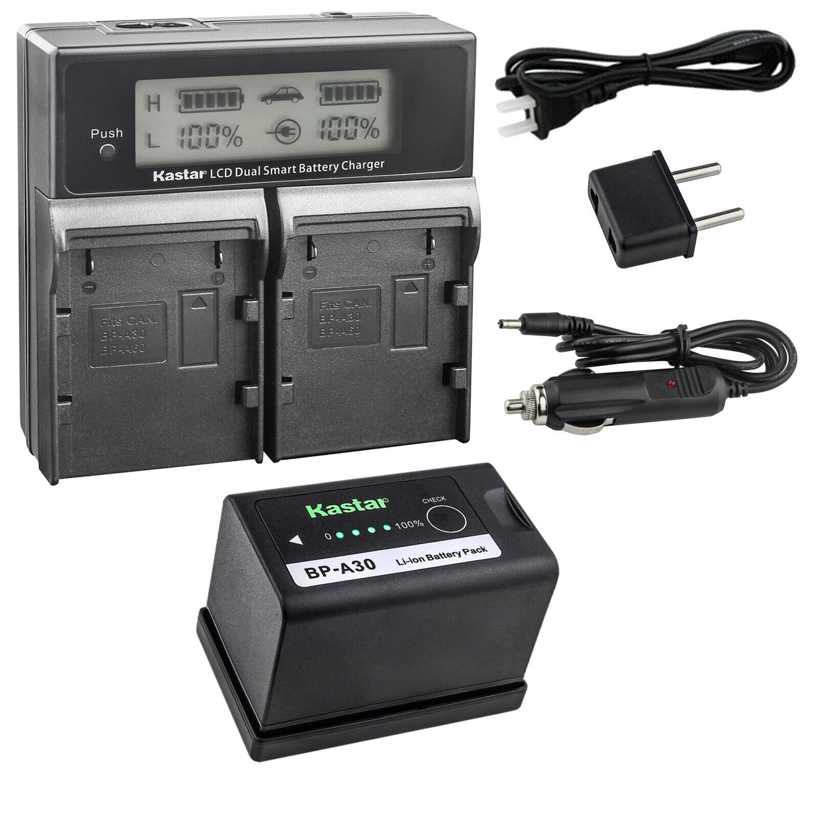 Kastar BP-A30 Battery & AC LCD Dual Fast Charger for Canon EOS C500 Mark II 6K, C70, C700 PL Cameras - Compatible with RF & PL Lens Mount - Perfect for Cinema, Film Production & Professional Videography