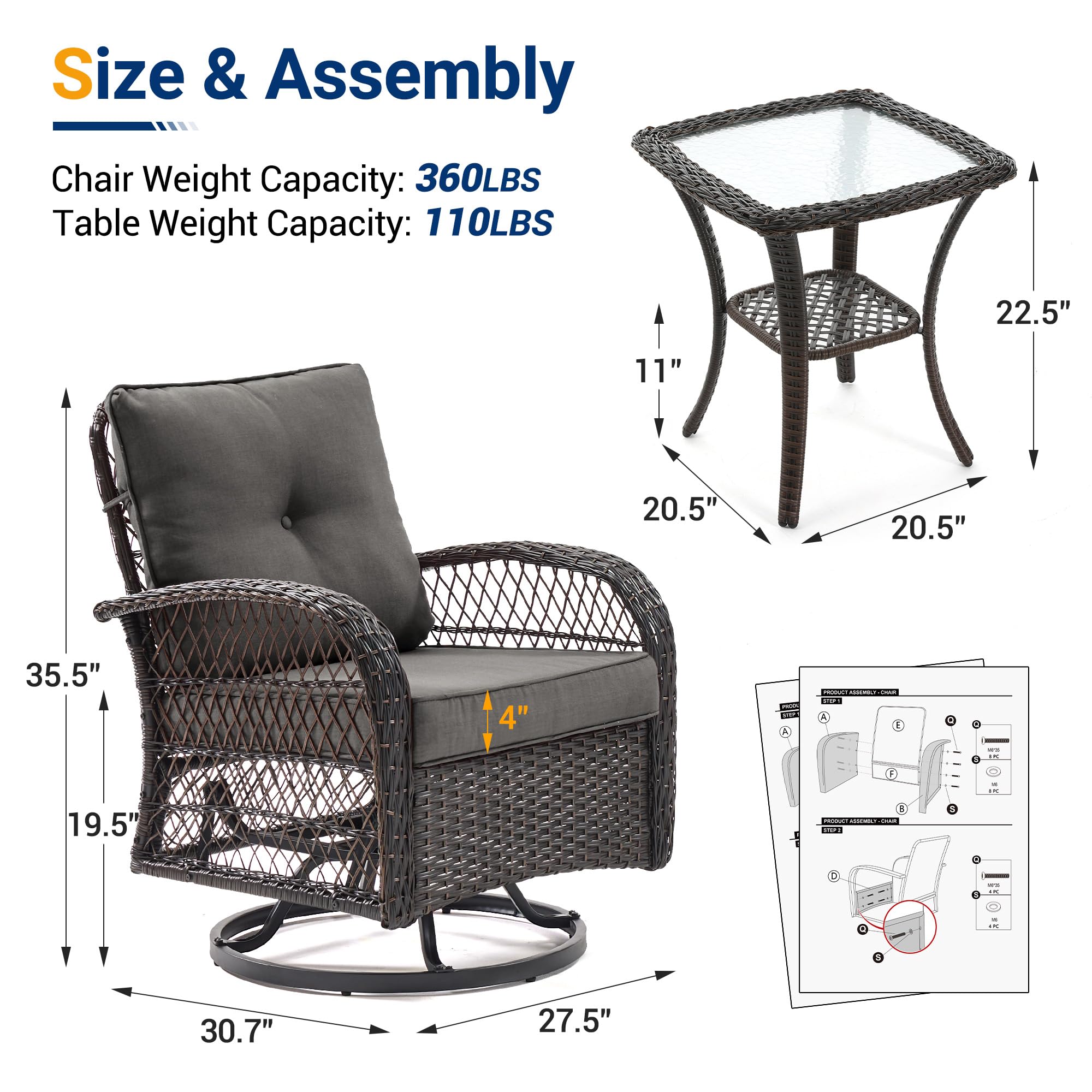 UDPATIO 3-Piece Outdoor Patio Furniture Set - 2 Swivel Rocking Chairs with Thick Cushions & Glass Coffee Table - All-Weather Wicker Glider Chairs for Porch, Deck, Backyard, Garden (Grey) | Perfect for Relaxing, Entertaining & Outdoor Lounging