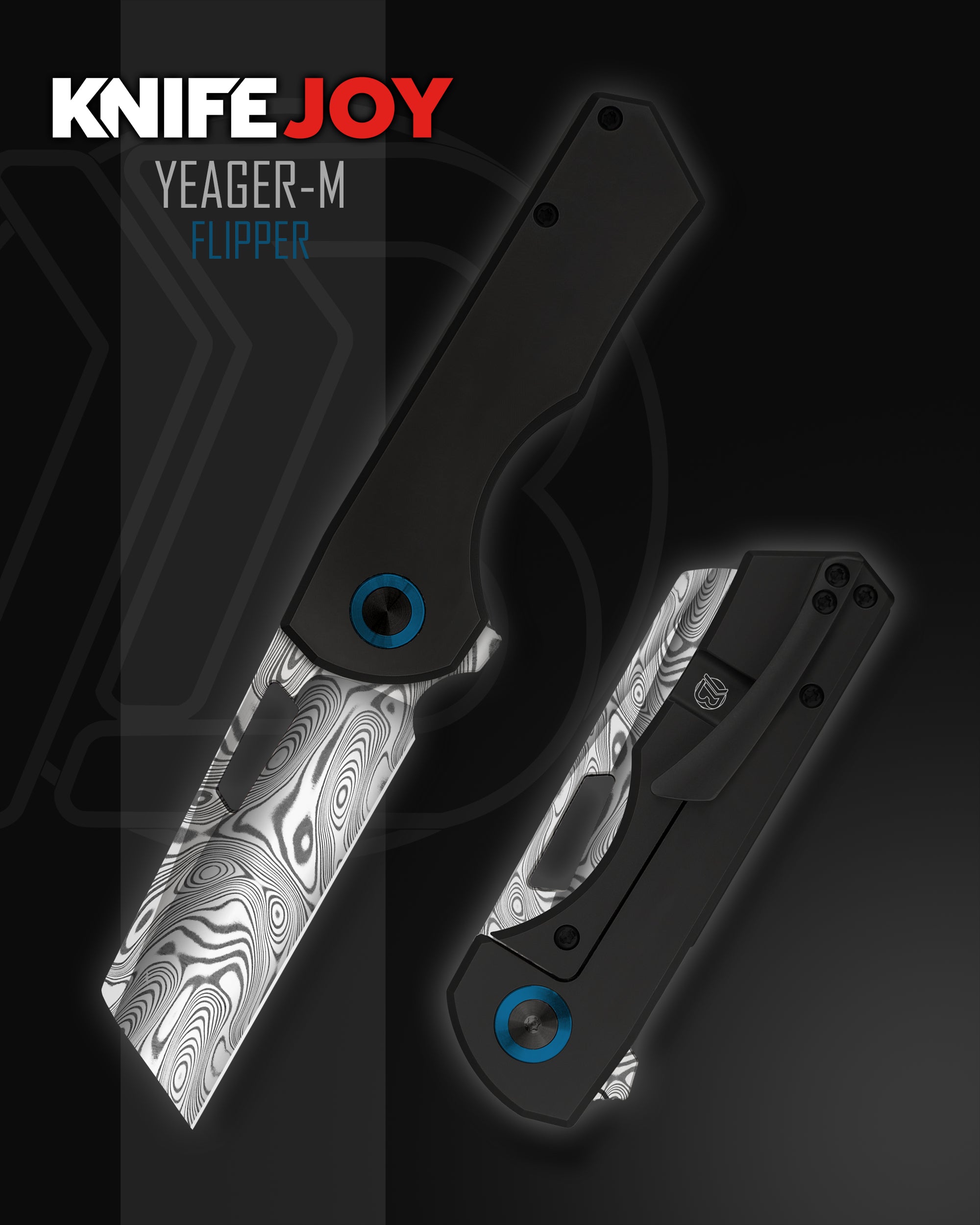 Brian Brown Knives Yeager-M Flipper Knife - Exclusive Damasteel Blade, PVD Black Handles & Blue Anodized Pivot - EDC Pocket Knife for Outdoor, Camping & Everyday Carry