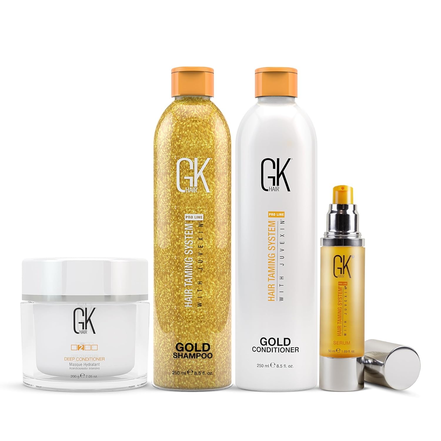 GK HAIR Gold Series: Premium Shampoo, Conditioner, Smoothing Serum & Deep Conditioning Mask Set for Hydration, Shine & Hair Protection | Salon-Quality Hair Care for Dry, Damaged & Frizzy Hair at Home