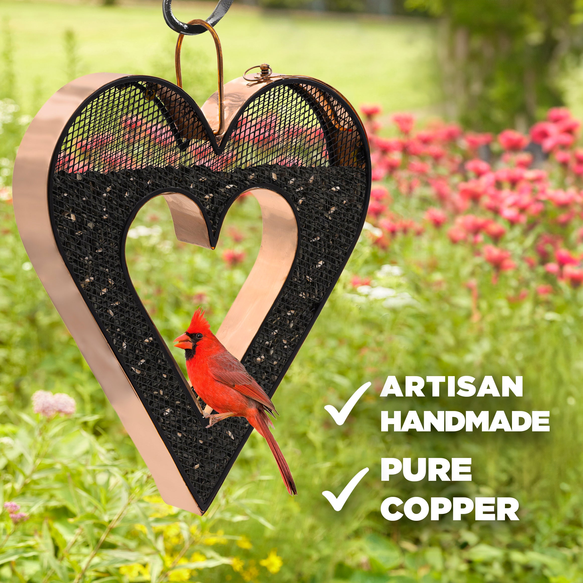 Be Still My Heart Fly Thru™ Copper Heart Shaped Bird Feeder With Mesh Panels - Perfect for Garden, Patio & Backyard Bird Watching