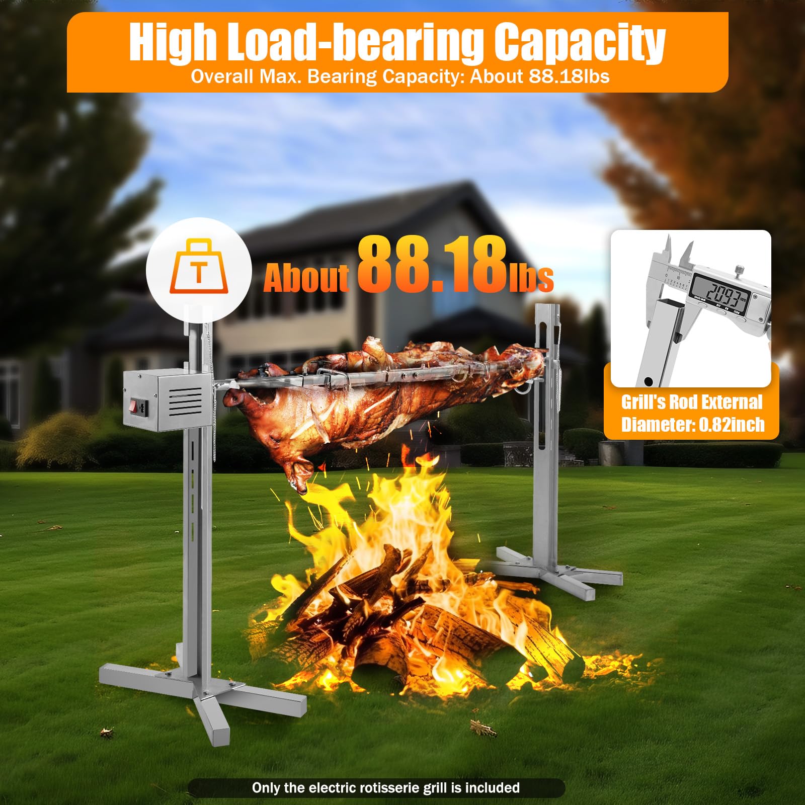 Electric Rotisserie Grill Roaster - 15W Motor, 70KG Capacity, Stainless Steel for Pig, Chicken, Lamb - Perfect for BBQ, Camping, Picnic & Outdoor Cooking