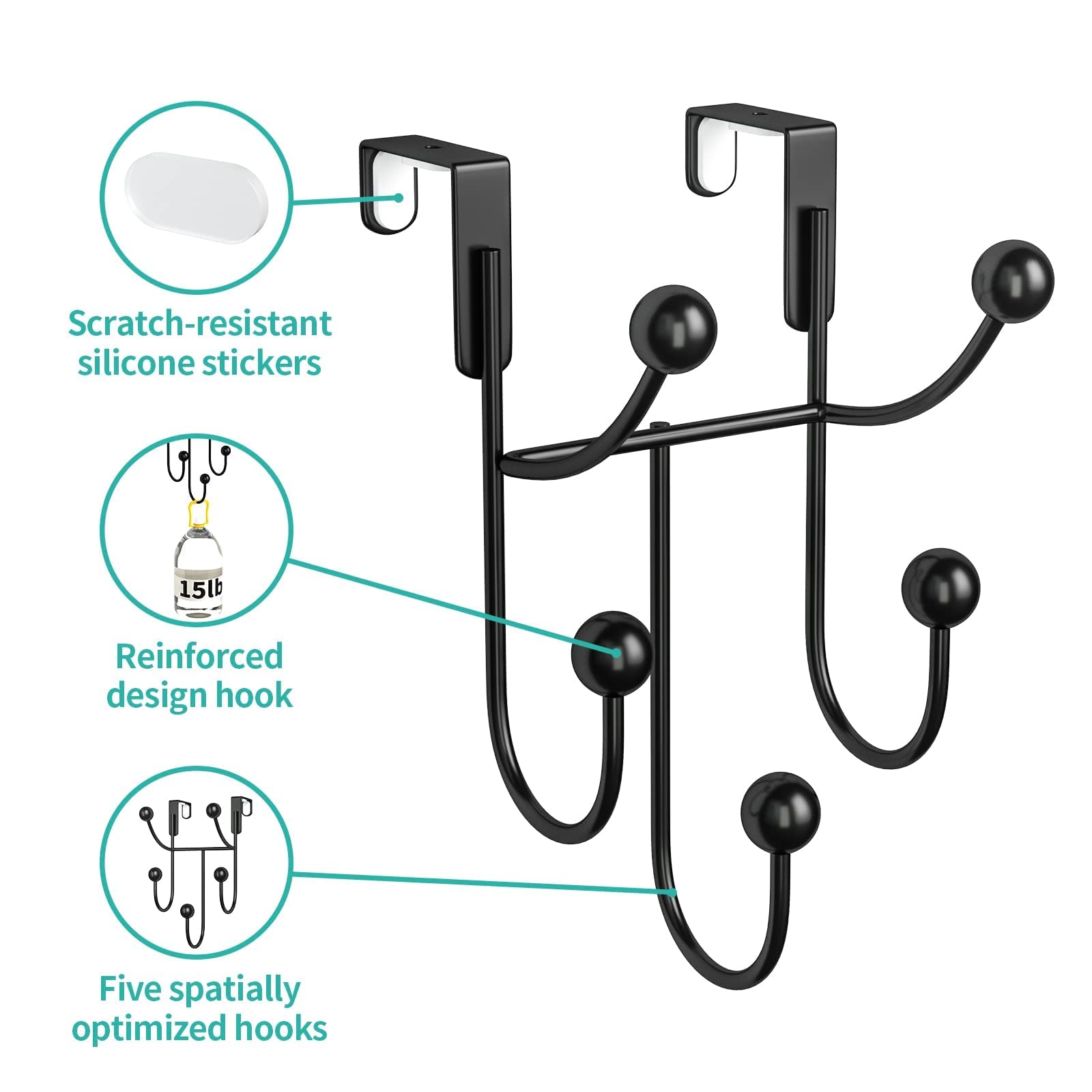 Stainless Steel Over Door Hooks 2-Pack - 5 Coat Hangers with Scratch Proof Pads for Hanging Coats, Towels, Hats & Bags - Black Bedroom & Bathroom Door Hooks for Space Saving Organization