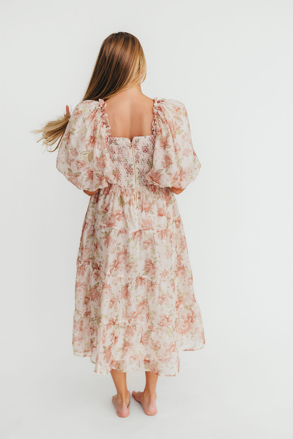 McKenna Puffed Sleeve Tiered Midi Dress in Peach - Flowy Summer Dress for Women, Beach Wedding Guest Outfit, Boho Chic Party Dress