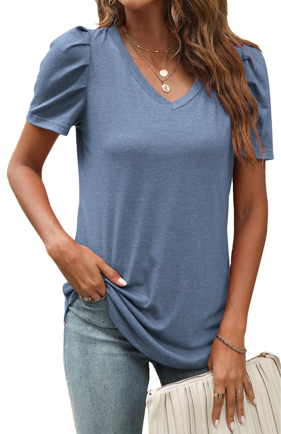 Women's Puff Sleeve Blouse - Summer V-Neck Loose Fit Short Sleeve Tunic Top for Casual Wear, Office & Date Night | Breathable & Stylish