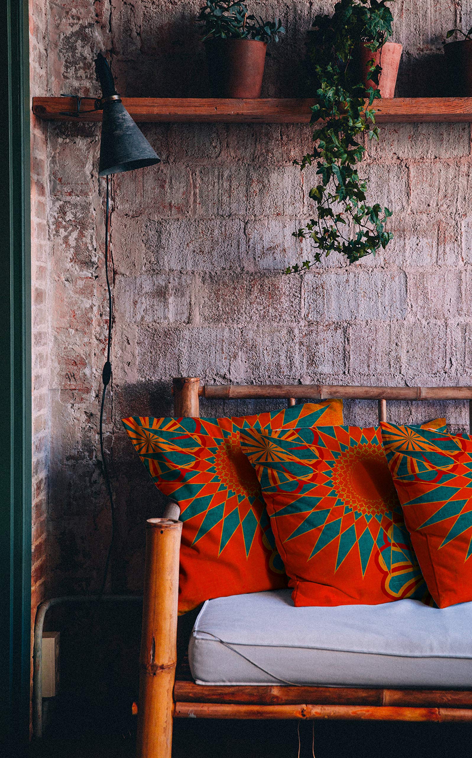 Handmade Boho Outdoor Throw Pillows Set of 2 - Orange Moroccan Style Decorative Cushions 20x20 Inches for Patio, Living Room & Bedroom Decor