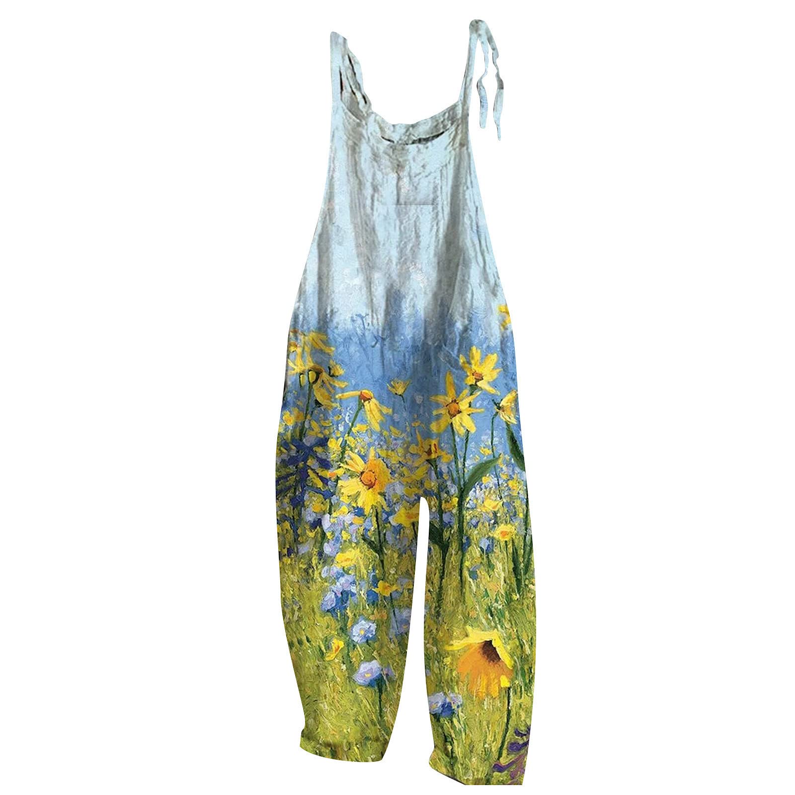 Women's Floral Cotton Jumpsuit - Sleeveless Spaghetti Strap Romper with Tie Front & Baggy Fit | Casual Dressy Overalls for Summer Outings, Beach Vacations & Date Nights