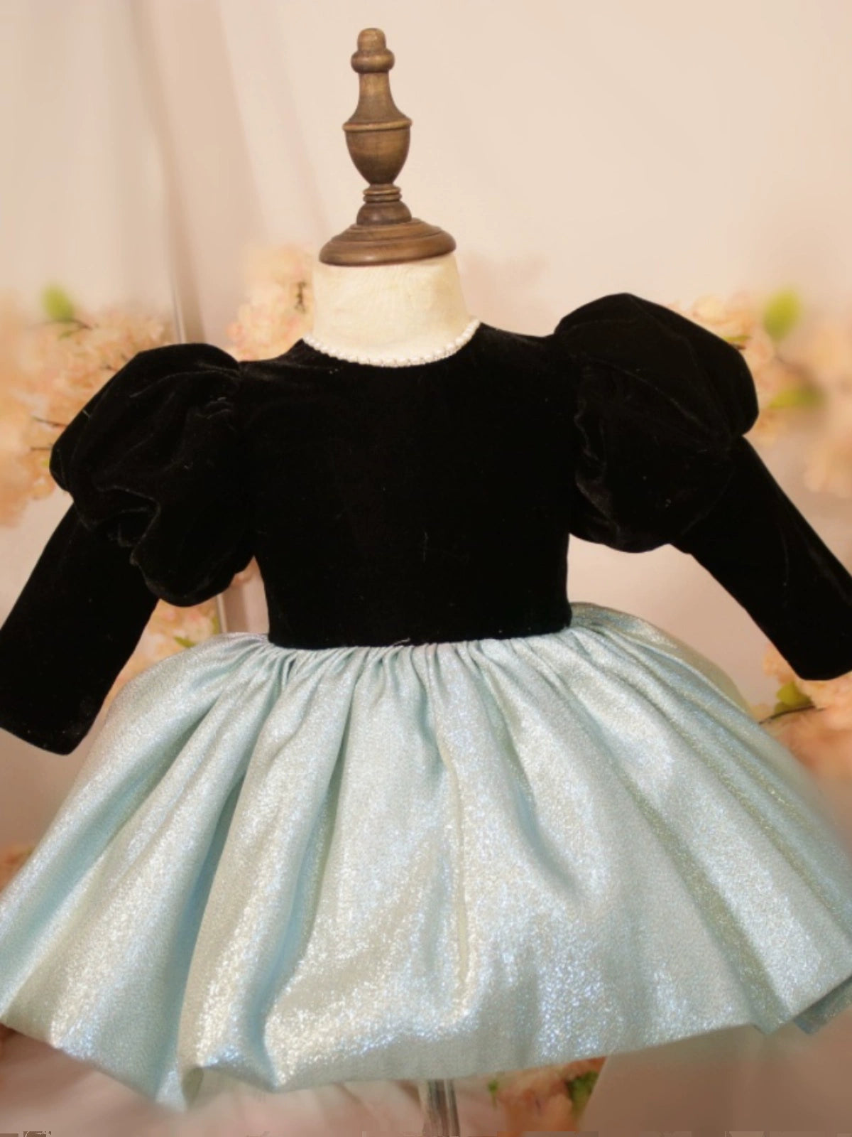 Black Princess Round Tea Length Satin Flower Girl Dress for Weddings, Birthday Parties & Special Occasions