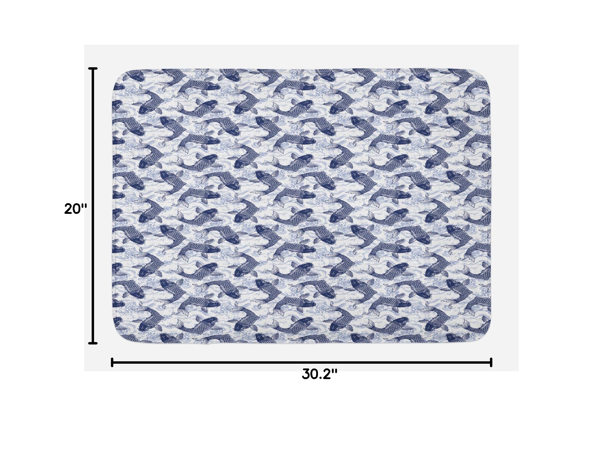 Ambesonne Non-Slip Fish Bath Mat - Japanese Koi Carp Wave Design, Dark Blue & White Plush Bathroom Rug, 30.2