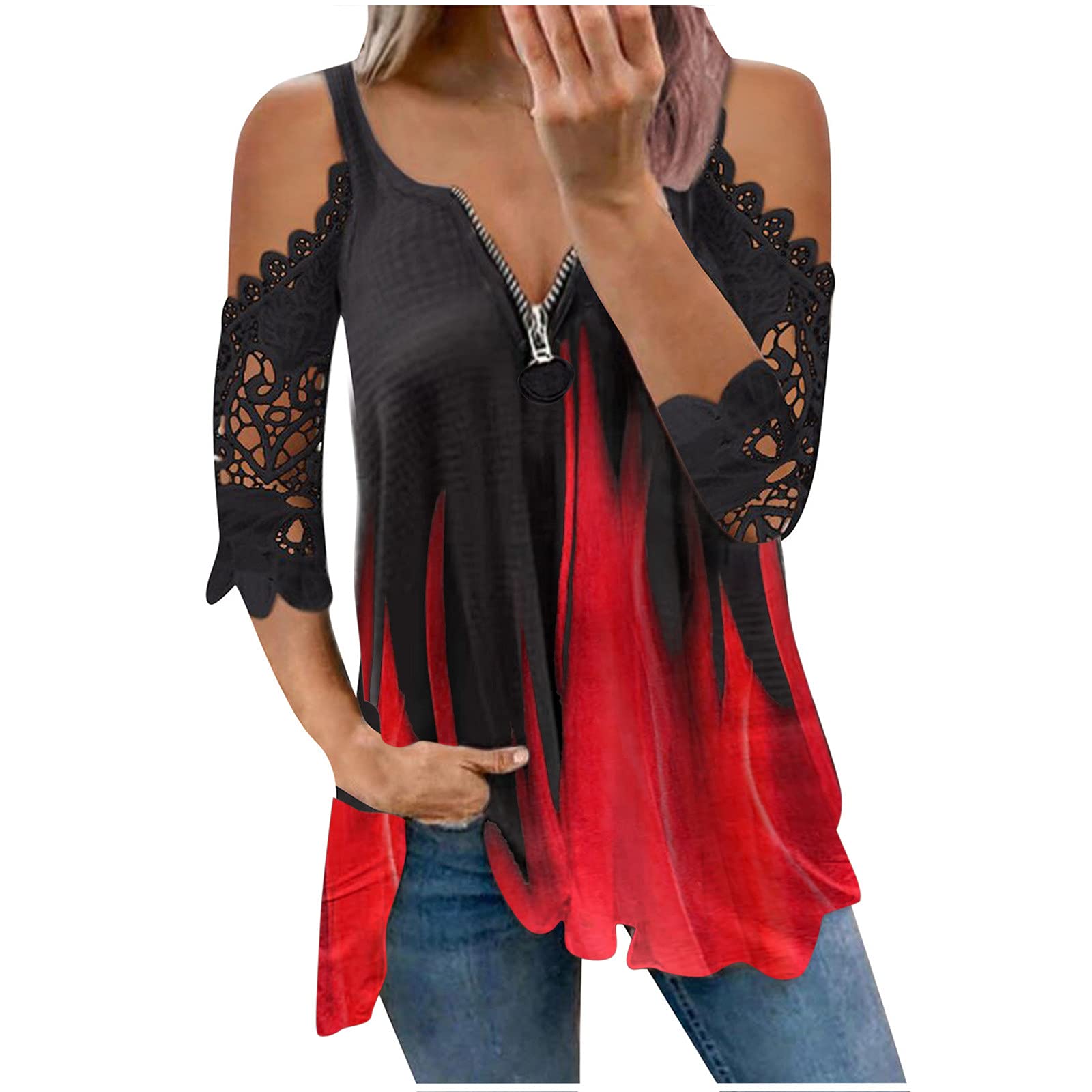 YRAETENM Women's Cold Shoulder Long Sleeve T-Shirt - Hollow Out Lace Fashion Top with Zipper Detail, Loose Blouse for Casual Wear, Date Night & Office Outfits