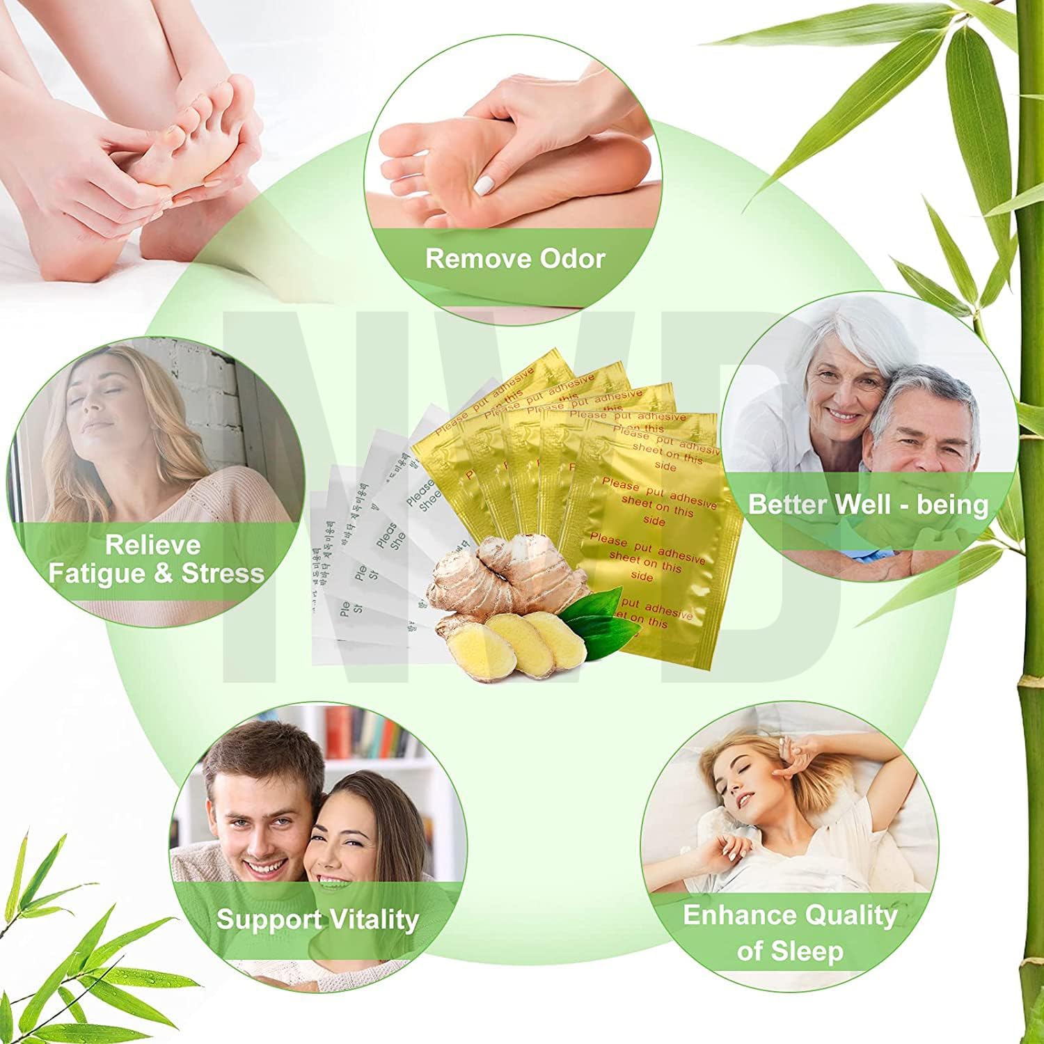 NVD Detox Foot Patches - Natural Bamboo Vinegar & Ginger Foot Pads for Cleansing, Toxin Removal & Foot Pain Relief (20 Pads) | Stress Relief & Better Sleep Solution for Home Spa & Wellness Routine