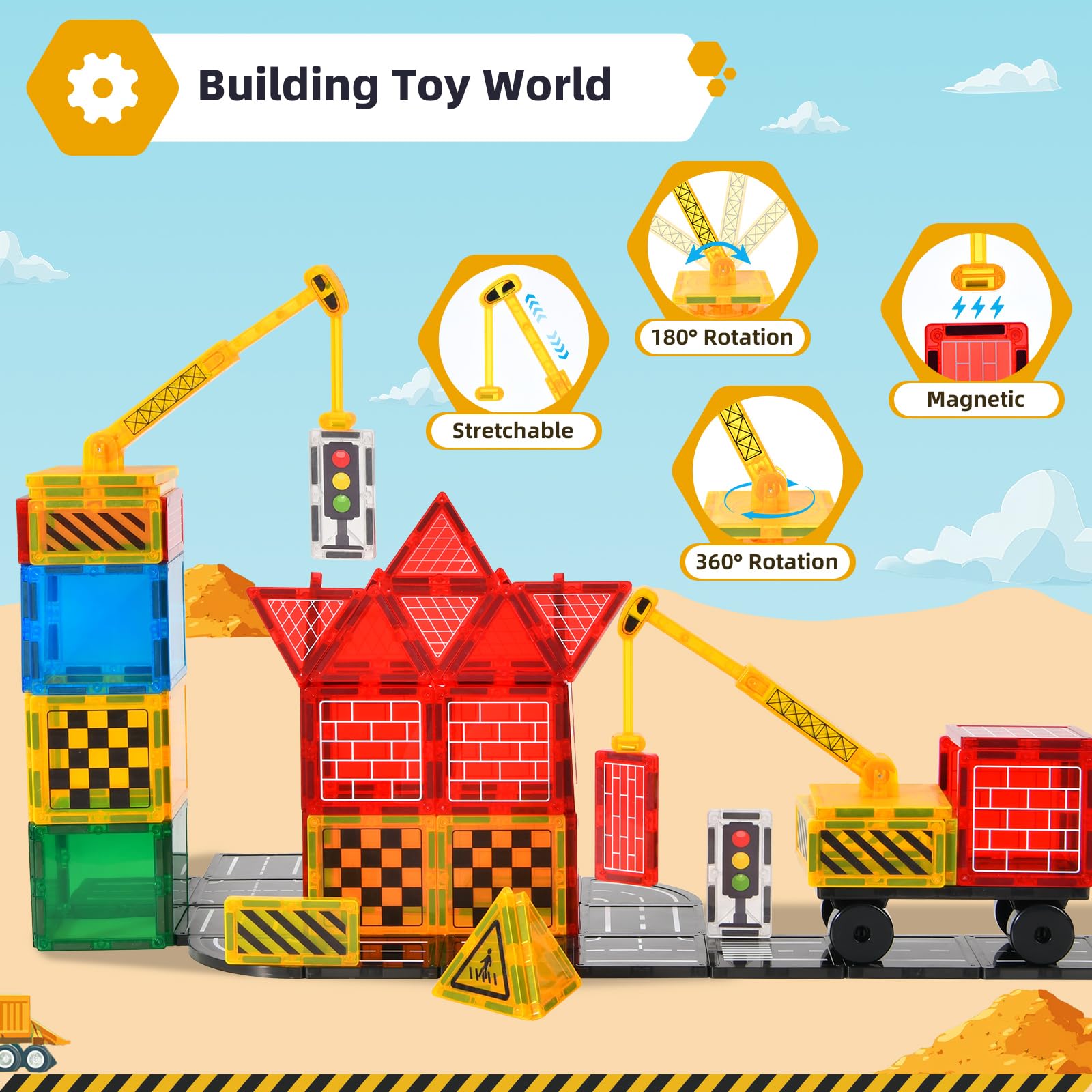 Magnetic Tiles Road Set - City Construction Building Toys for Kids Ages 3+, Magnetic Blocks with Extendable Crane & Car, STEM Learning Toys for Boys & Girls - Perfect for Creative Play, Birthday Gifts & Classroom Activities
