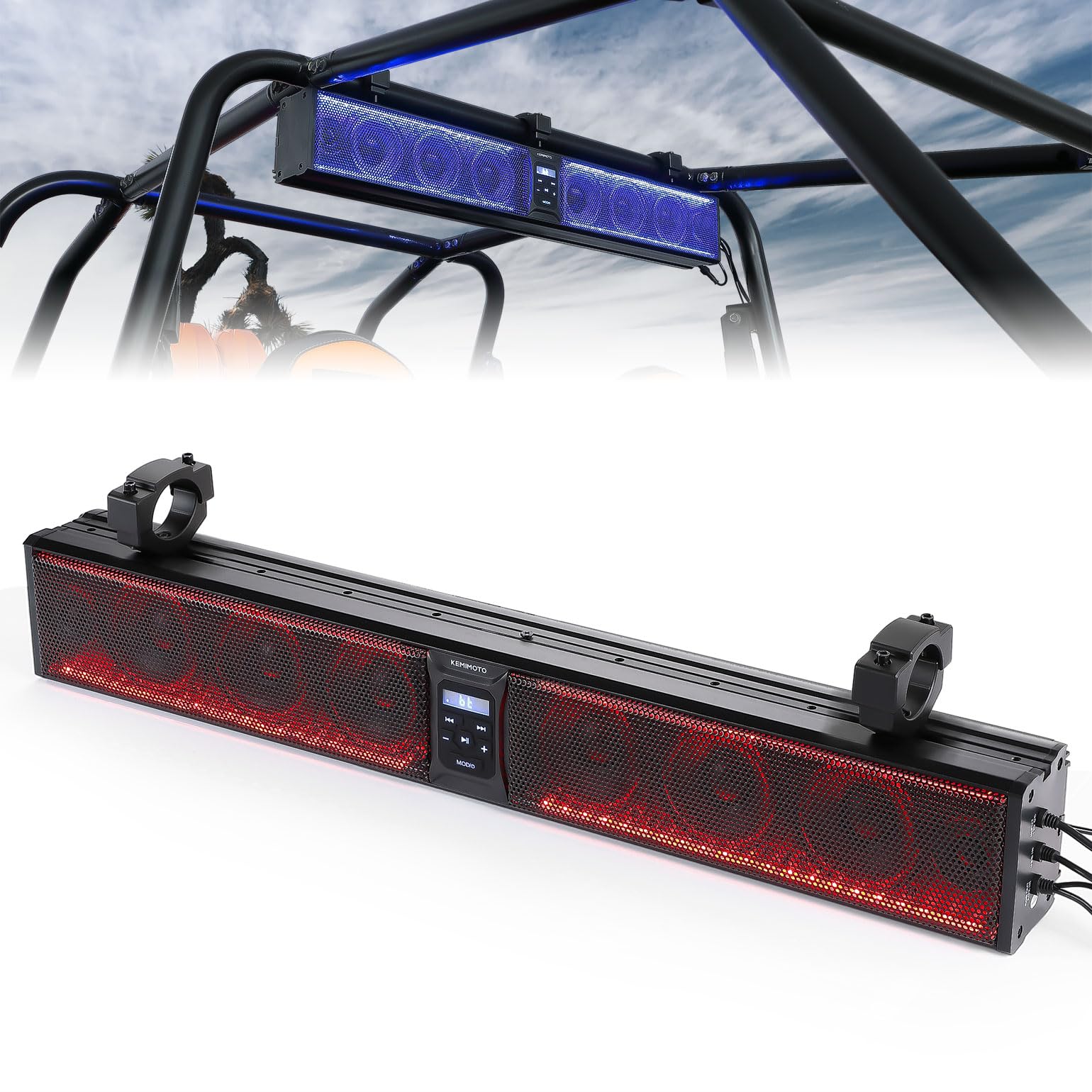 KEMIMOTO 33 Inch 8 Speaker UTV Sound Bar - Waterproof Bluetooth Sound System with Multicolor LED Lights, Heavy-Duty Aluminum Housing for SXS, Golf Cart, Marine Boat - Fits 1.75''-2.25'' Roll Bars | Perfect for Off-Road Adventures, Beach Parties & Outdoor Entertainment