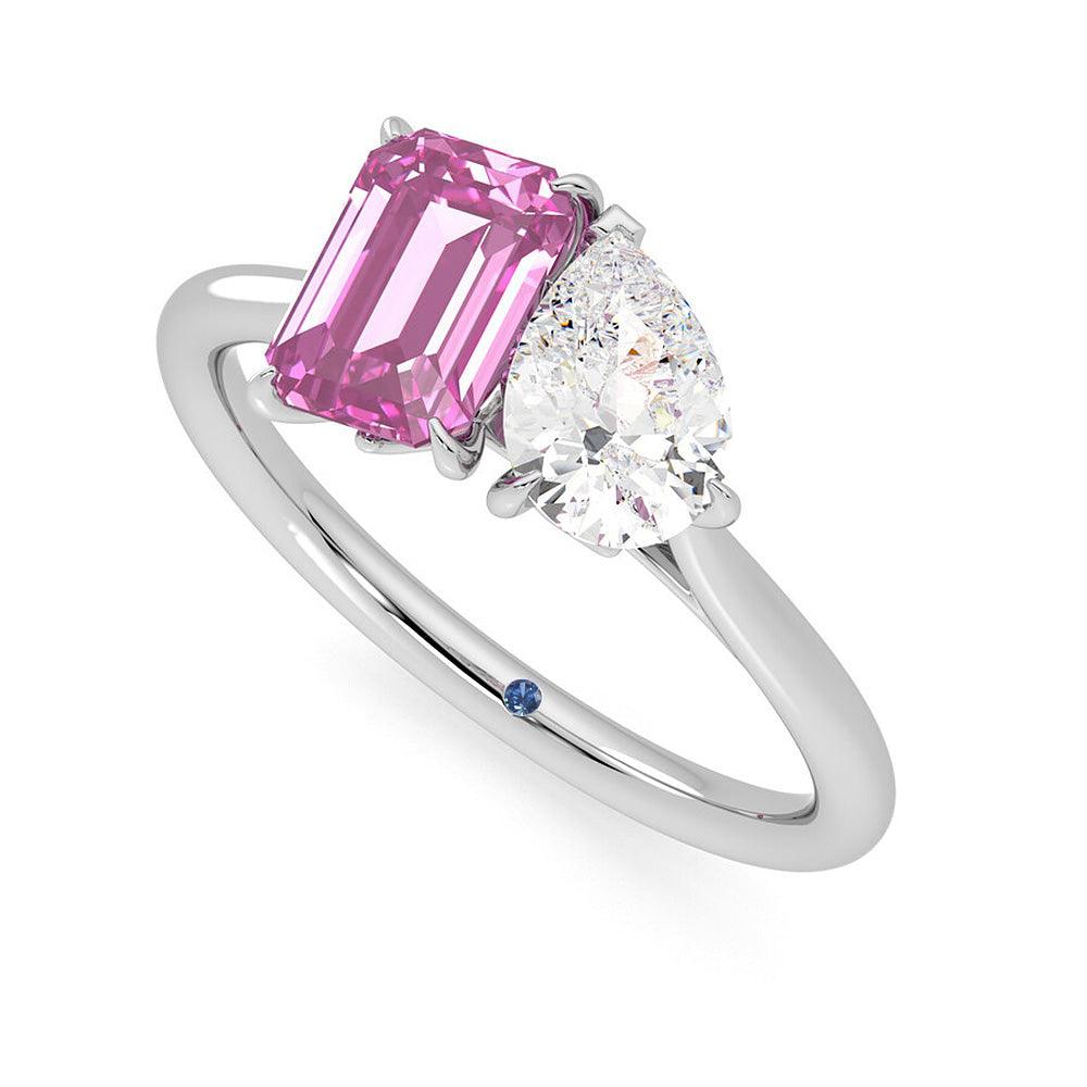 Toi et Moi Pear Shaped Moissanite & Emerald Cut Pink Sapphire Engagement Ring - Unique Vintage Style Wedding Band for Women, Bridal Jewelry Gift for Her | Perfect for Proposals, Anniversaries & Special Occasions