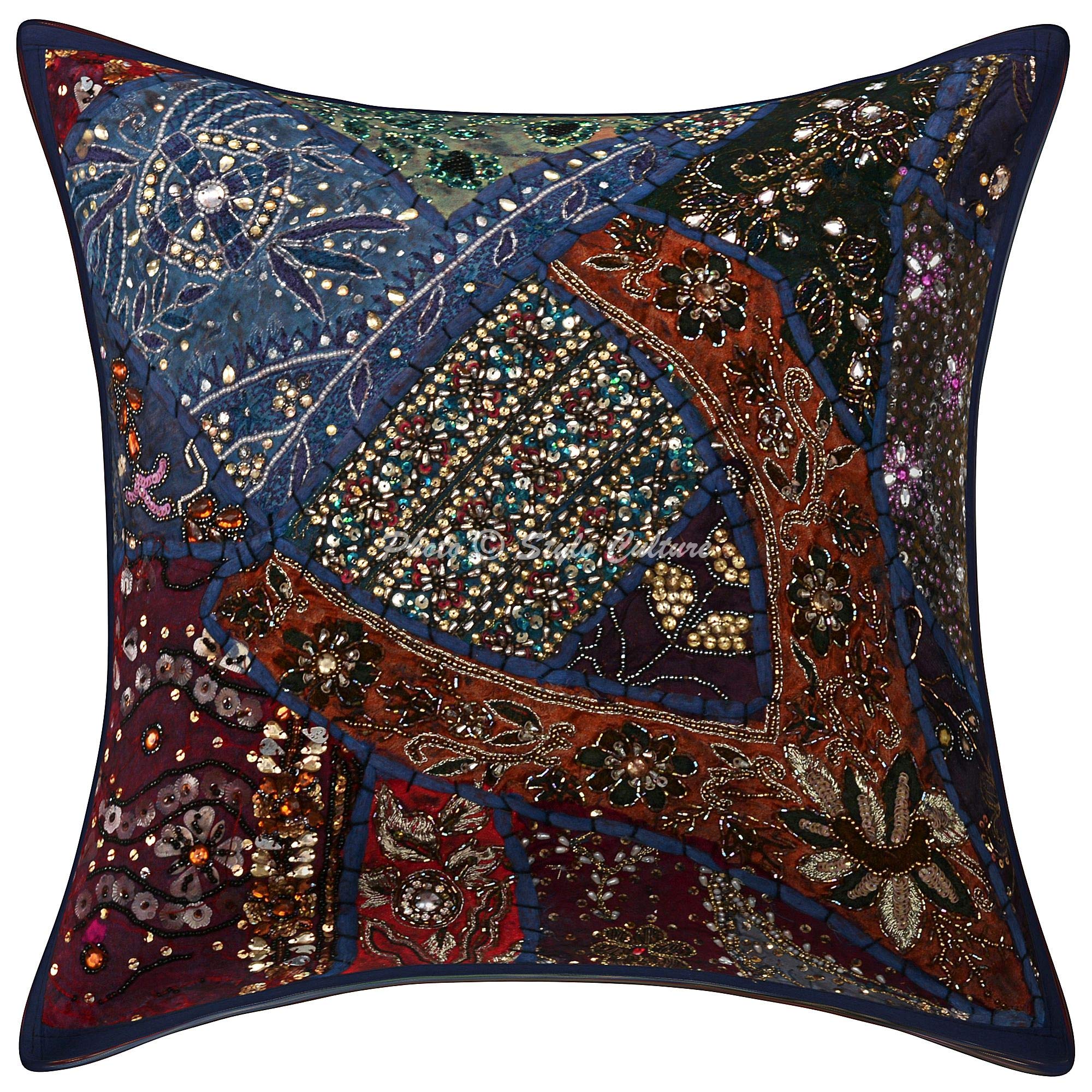 Ethnic Cotton Decorative Throw Pillow Covers 16x16 Inches - Dark Blue Beaded Sequins Patchwork Embroidered Cushion Covers for Sofa, Bed, Living Room (Set of 2) | Bohemian Home Decor, Perfect for Cozy Nights and Stylish Interior Design