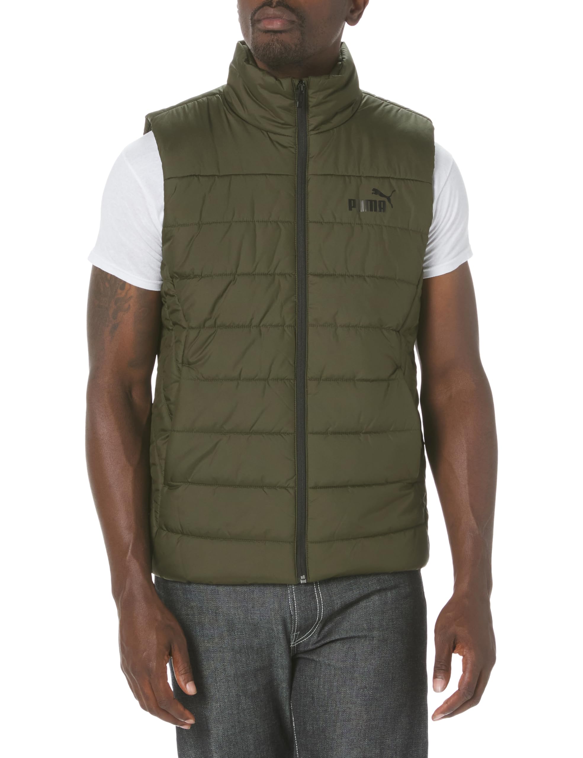 PUMA Men's Essentials Padded Vest - Lightweight Warm Winter Jacket for Outdoor Activities, Dark Olive, Size Large | Perfect for Hiking, Camping & Casual Wear