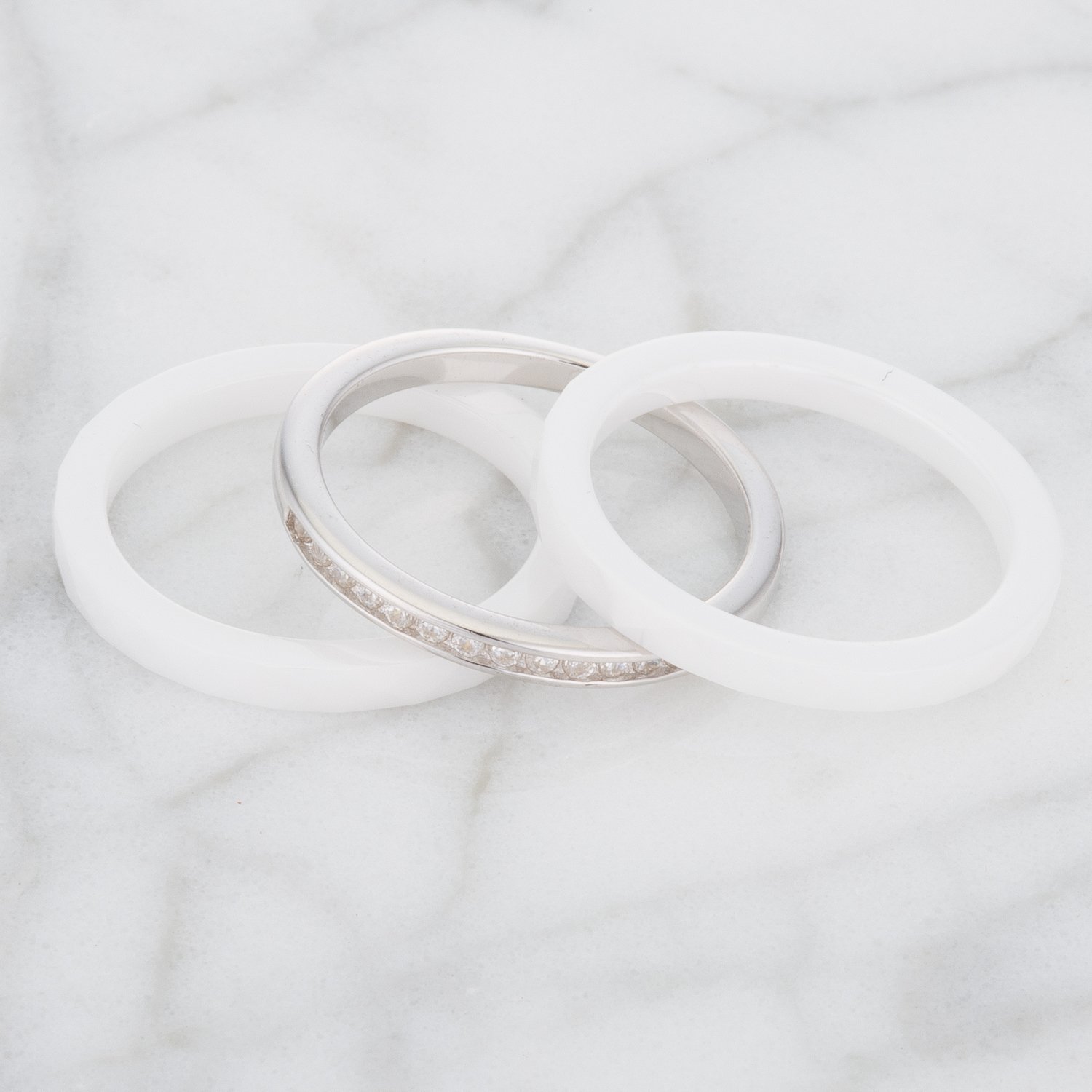 Elegant White Ceramic Triplet Ring with Cubic Zirconia - Size 5 | Dainty Stackable Band for Women, Perfect for Everyday Wear, Anniversary Gifts & Special Occasions