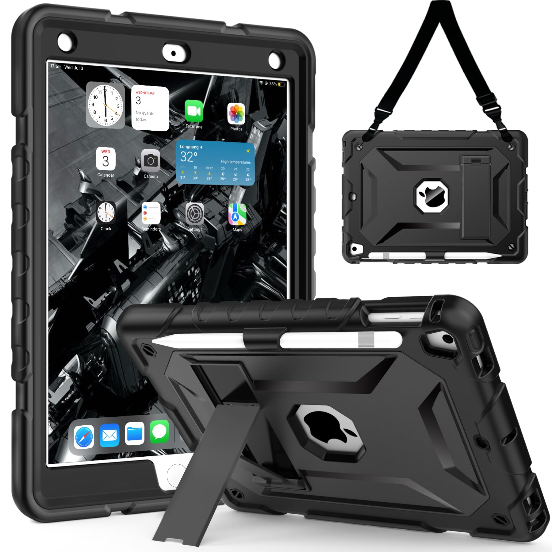 Shockproof iPad Case for iPad 6th/5th Gen (2018/2017), iPad Air 2/1st Gen & iPad Pro 9.7 - Heavy Duty Protective Cover with Shoulder Strap & Pencil Holder - Perfect for Travel, Work & School (Black)