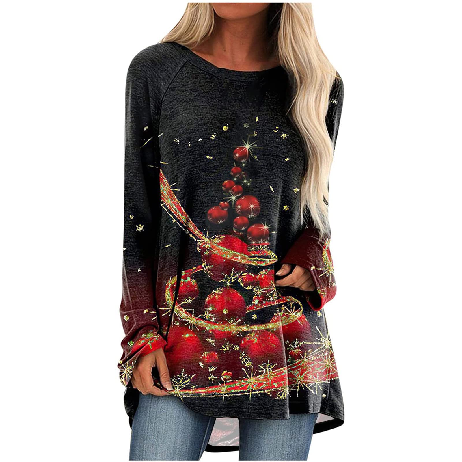 Festive Women's Christmas Gnome & Reindeer Graphic Long Sleeve Sweater - Trendy Holiday Pullover for Xmas Parties, Family Gatherings & Winter Outfits
