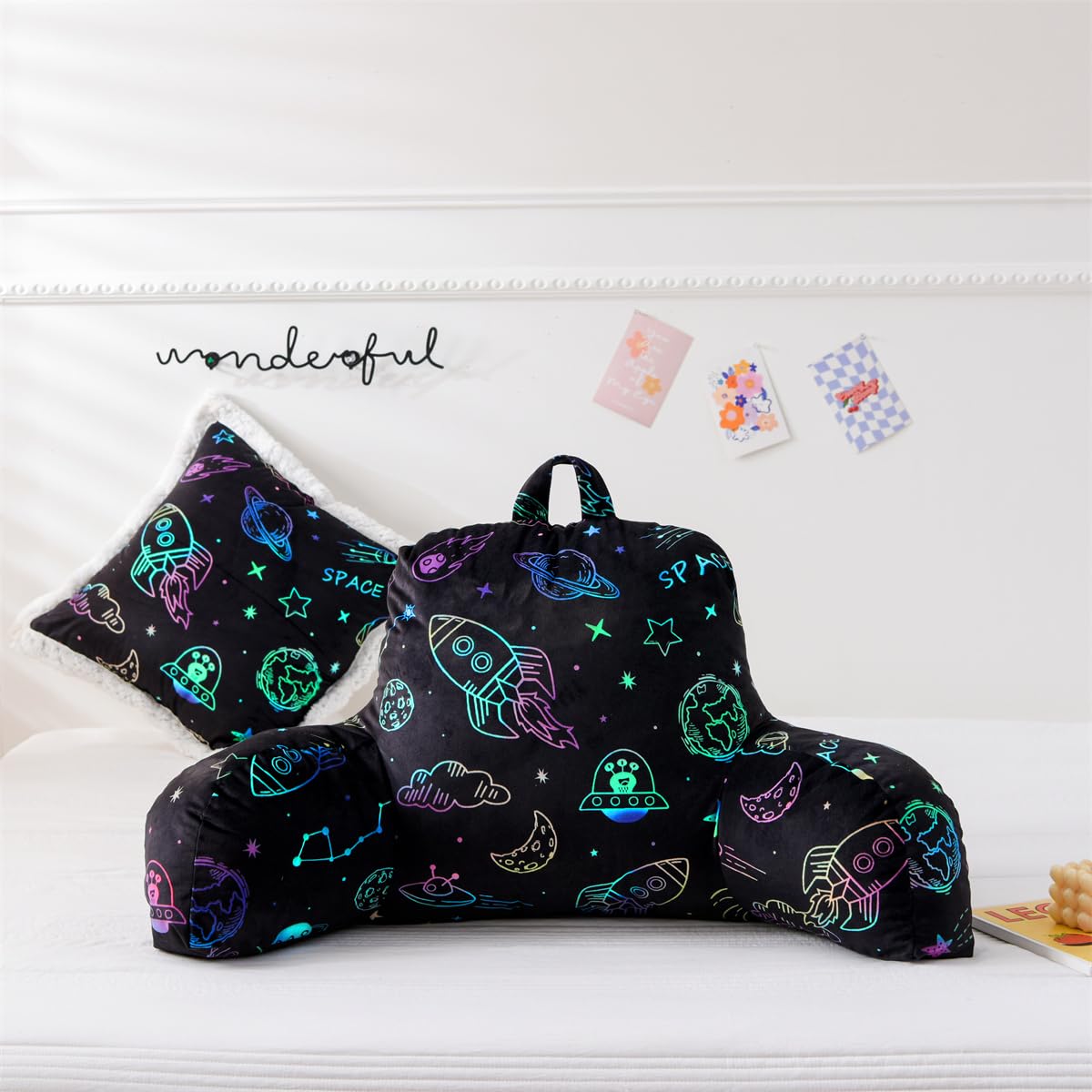 **Holawakaka Kids Reading Pillow with Arms - Space Rocket Print Plush Bed Rest Pillow for Teens & Petites - Back Support Cushion for Sitting in Bed, Sofa, Chair, or Lounge - Includes 1 Decorative Pillowcase - Perfect for Reading, Gaming & Relaxing**